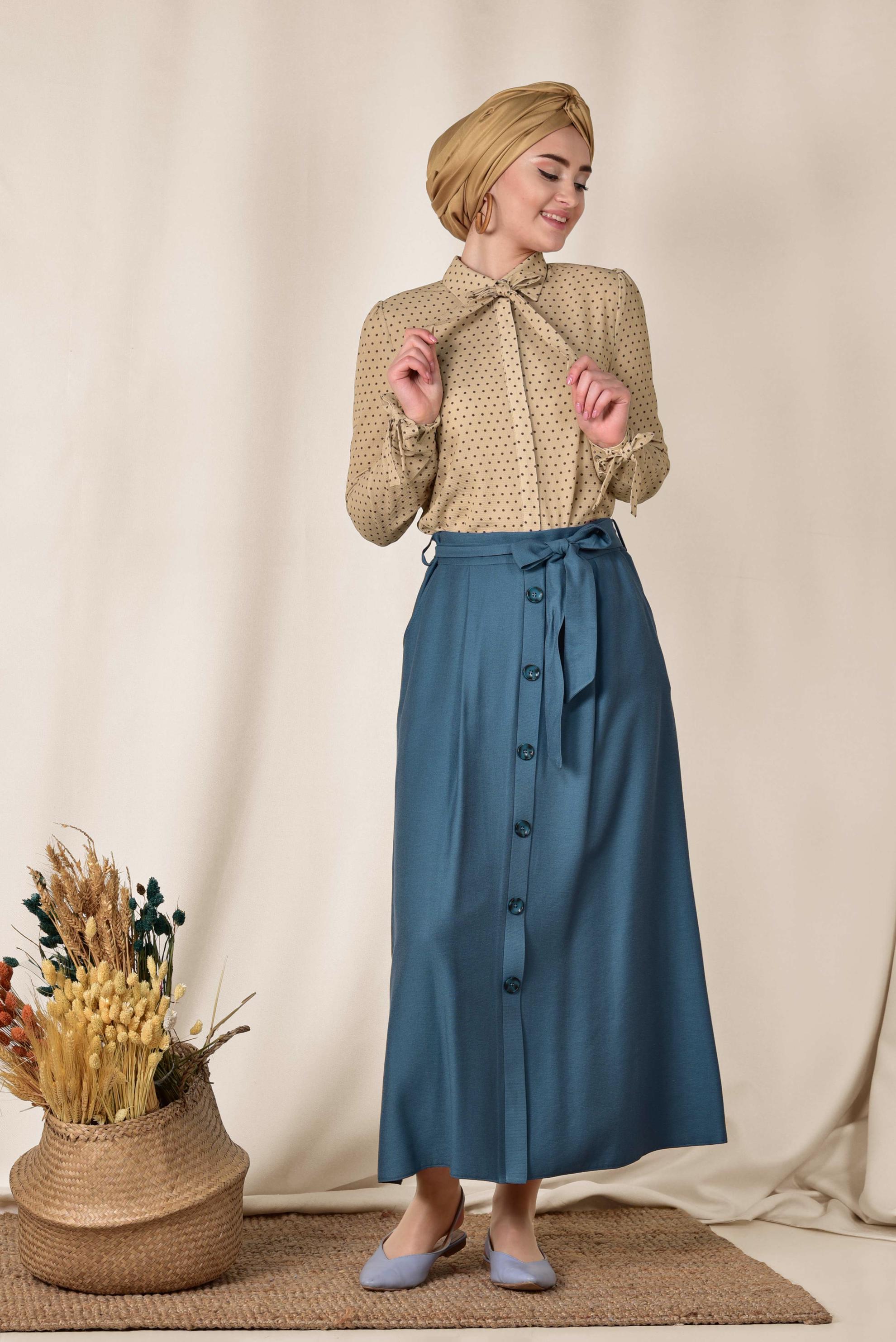 Tesettür giyim LACİVERT ÖNDEN DÜĞMELİ KUŞAKLI ETEK 6328