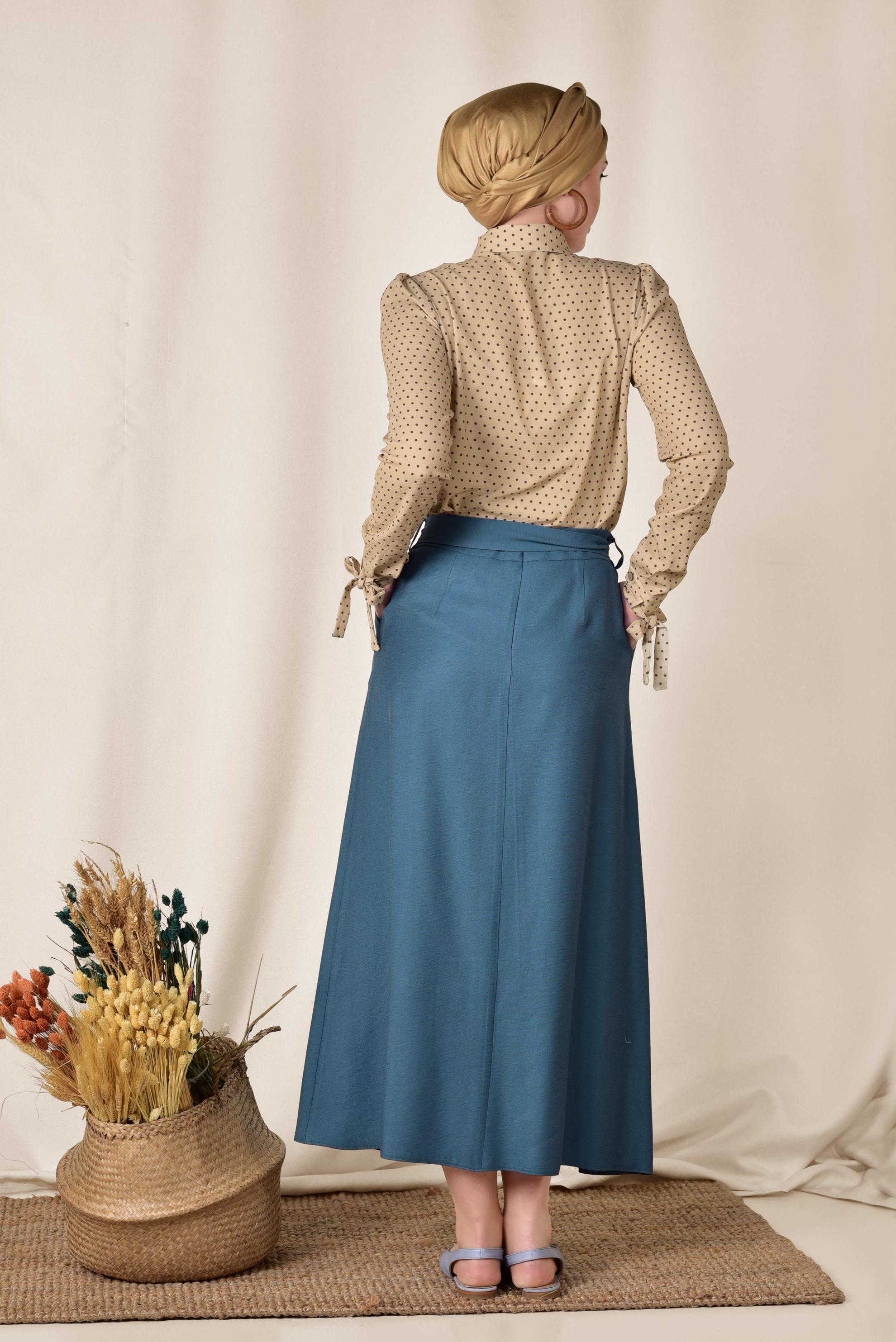 Tesettür giyim LACİVERT ÖNDEN DÜĞMELİ KUŞAKLI ETEK 6328