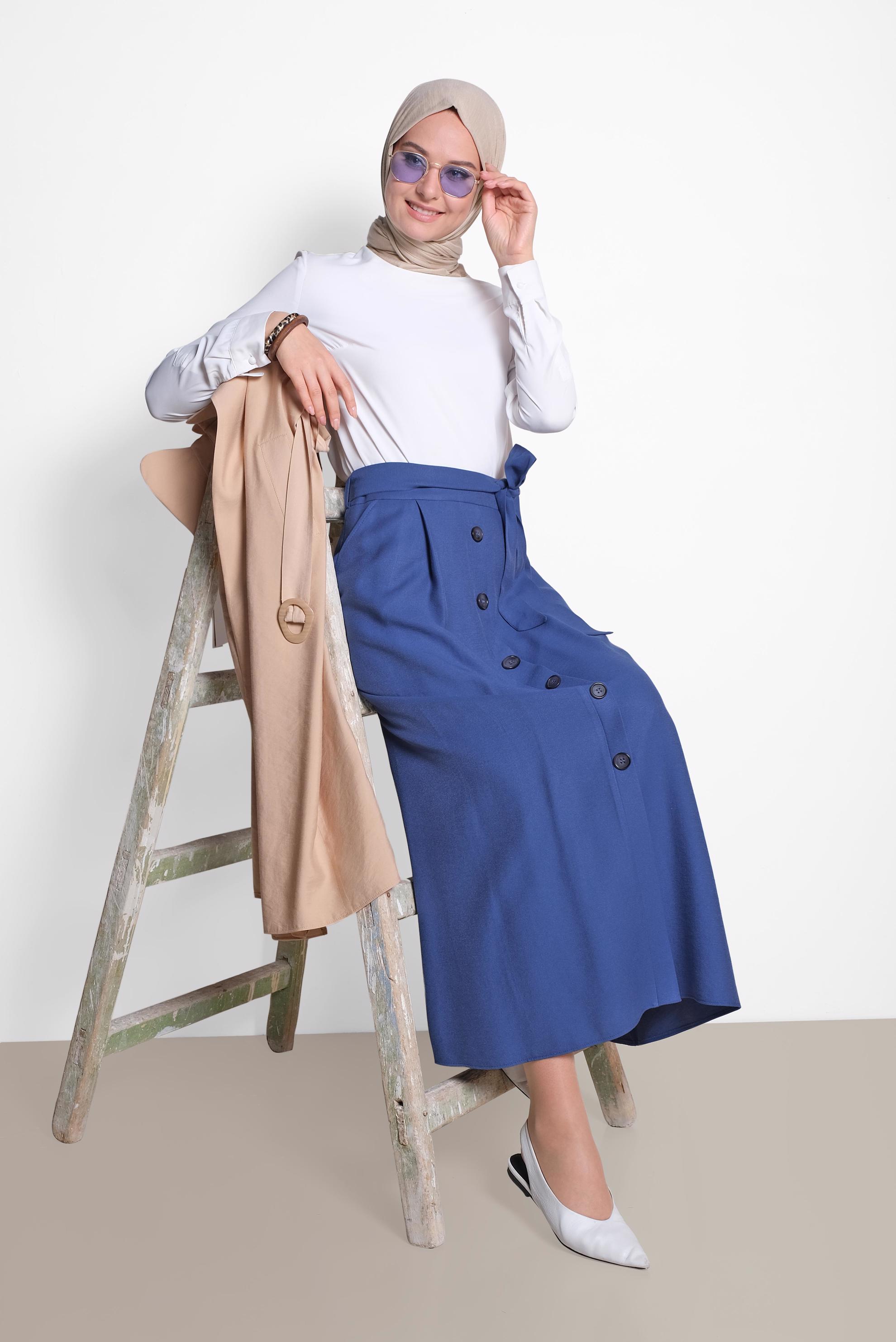 Tesettür giyim LACİVERT ÖNDEN DÜĞMELİ KUŞAKLI ETEK 6328