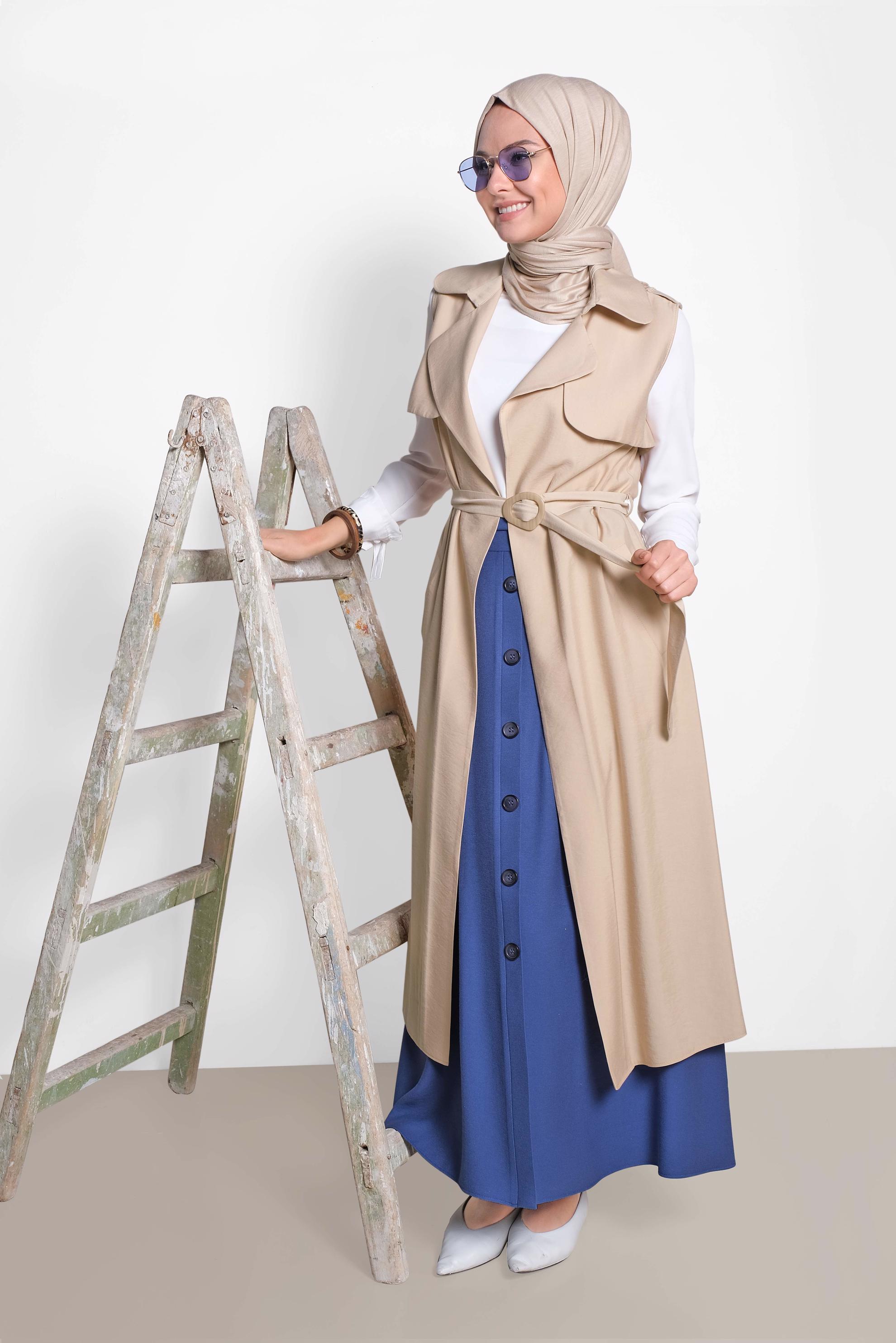 Tesettür giyim LACİVERT ÖNDEN DÜĞMELİ KUŞAKLI ETEK 6328