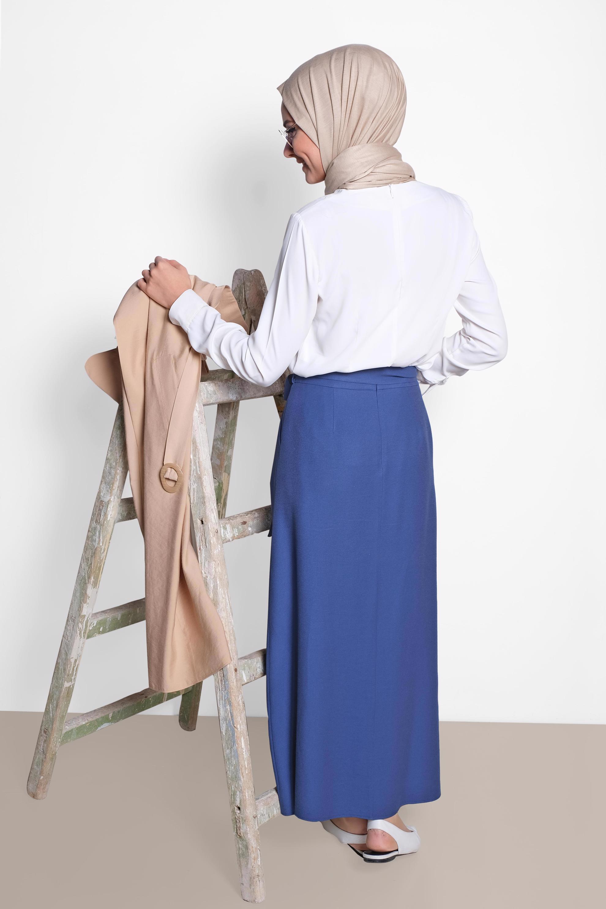 Tesettür giyim LACİVERT ÖNDEN DÜĞMELİ KUŞAKLI ETEK 6328