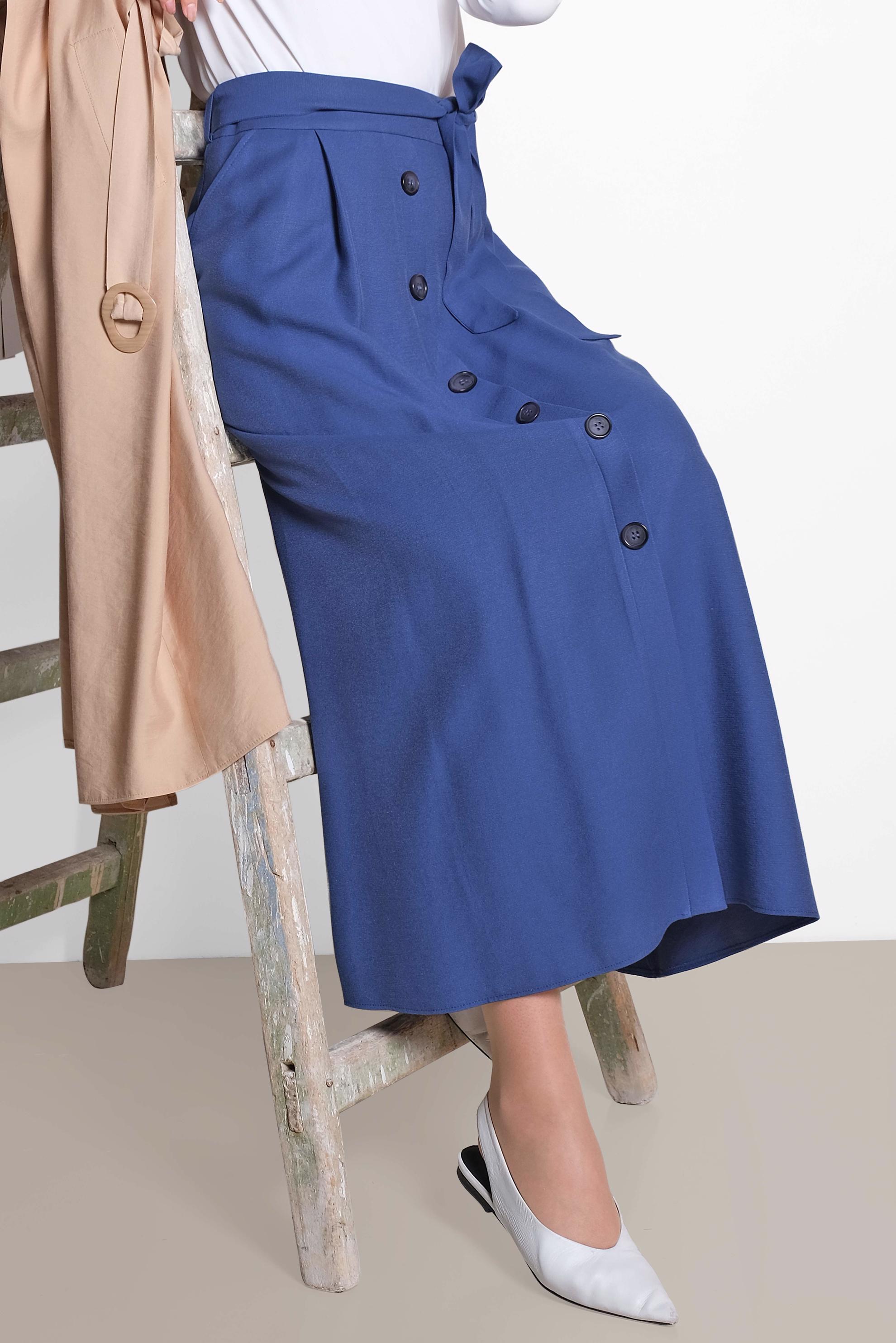 Tesettür giyim LACİVERT ÖNDEN DÜĞMELİ KUŞAKLI ETEK 6328