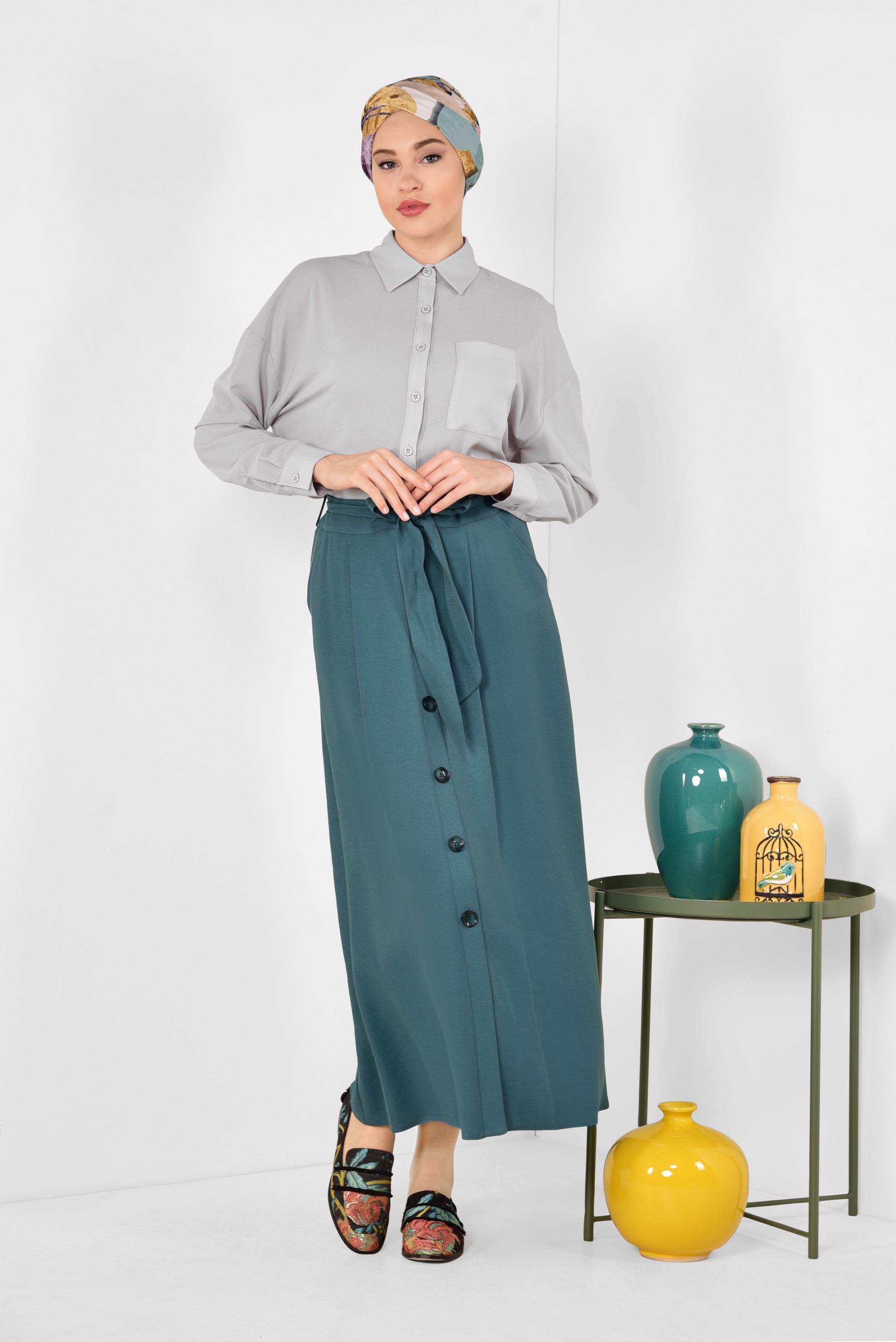 Tesettür giyim MAVİ ÖNDEN DÜĞMELİ KUŞAKLI ETEK 6328