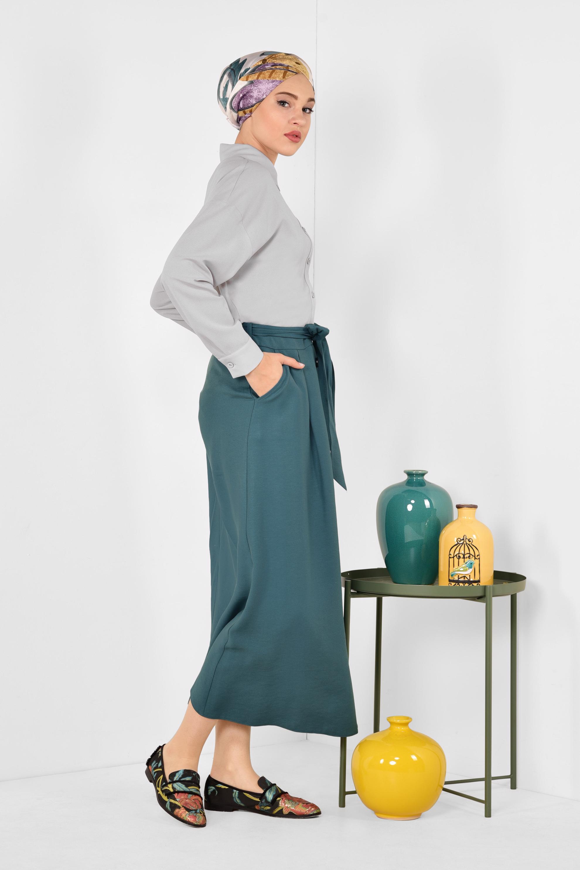Tesettür giyim MAVİ ÖNDEN DÜĞMELİ KUŞAKLI ETEK 6328
