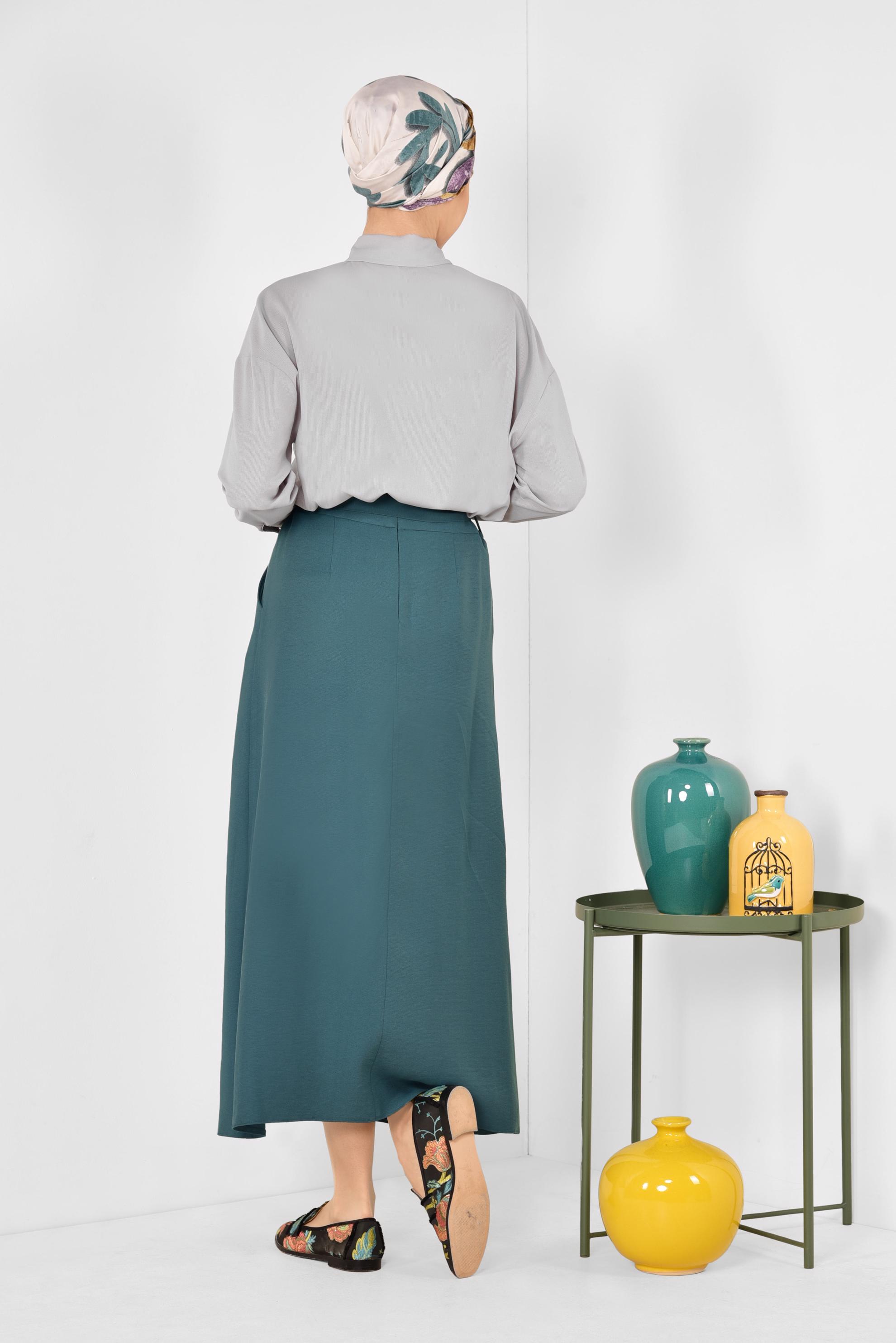 Tesettür giyim MAVİ ÖNDEN DÜĞMELİ KUŞAKLI ETEK 6328