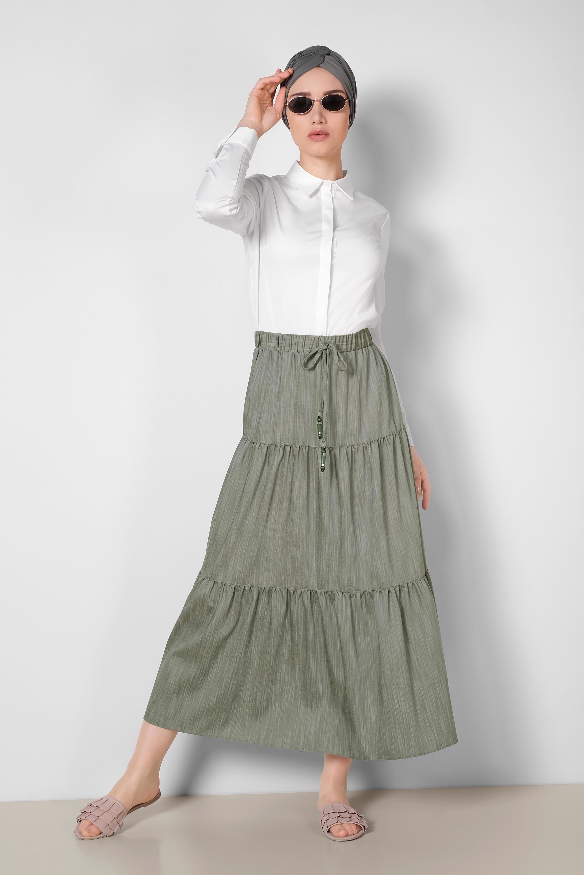 Tesettür giyim HAKİ BELİ LASTİKLİ ETEK 6330