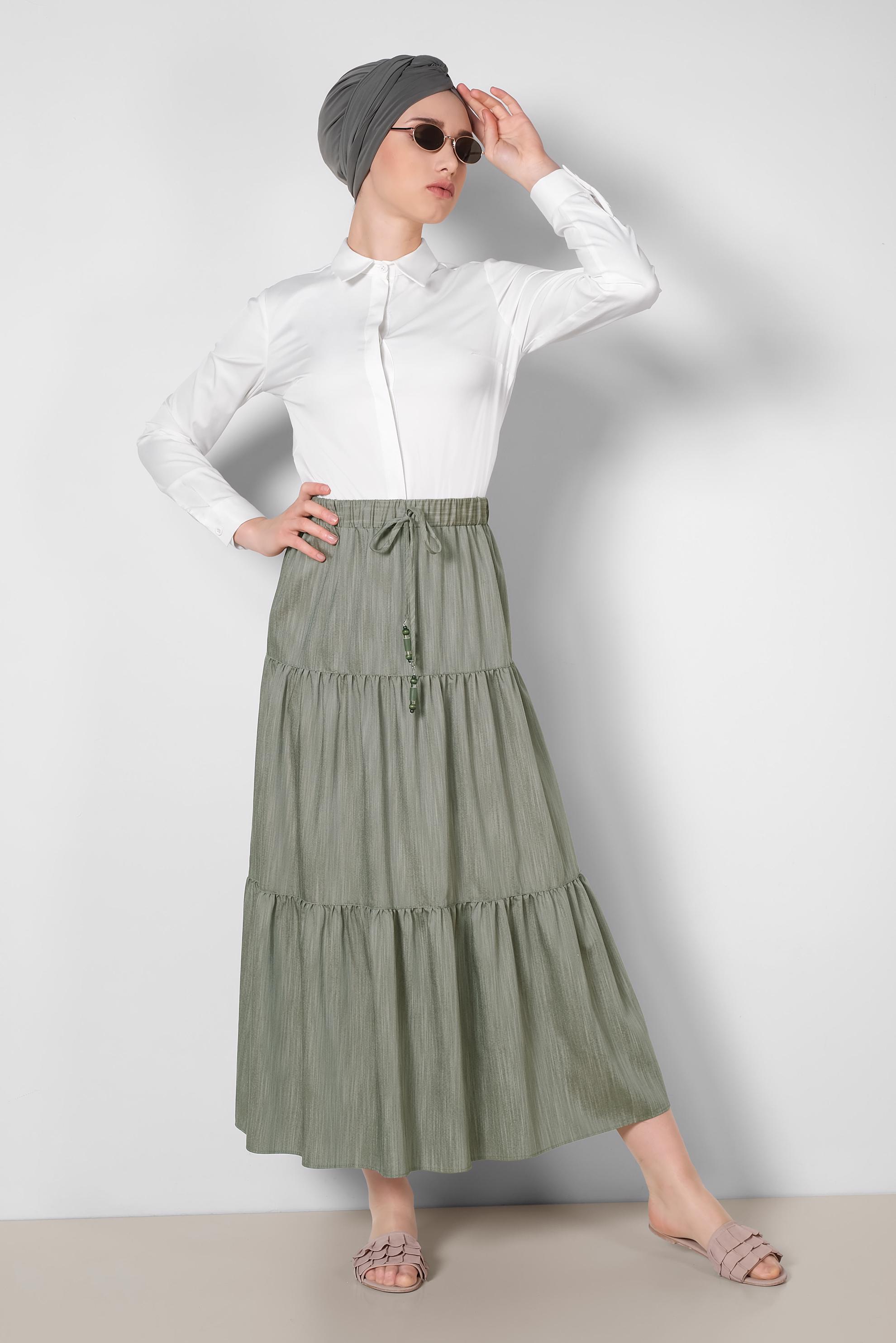 Tesettür giyim HAKİ BELİ LASTİKLİ ETEK 6330