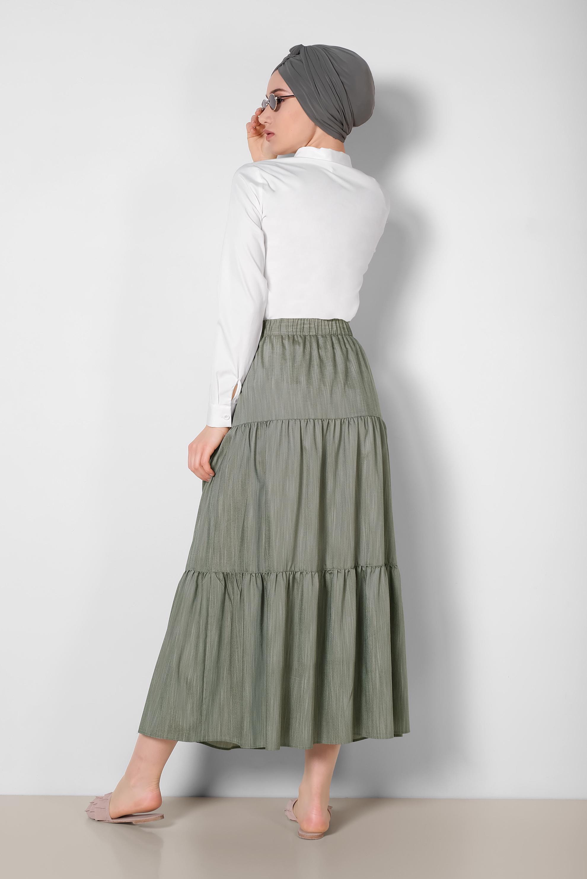 Tesettür giyim HAKİ BELİ LASTİKLİ ETEK 6330