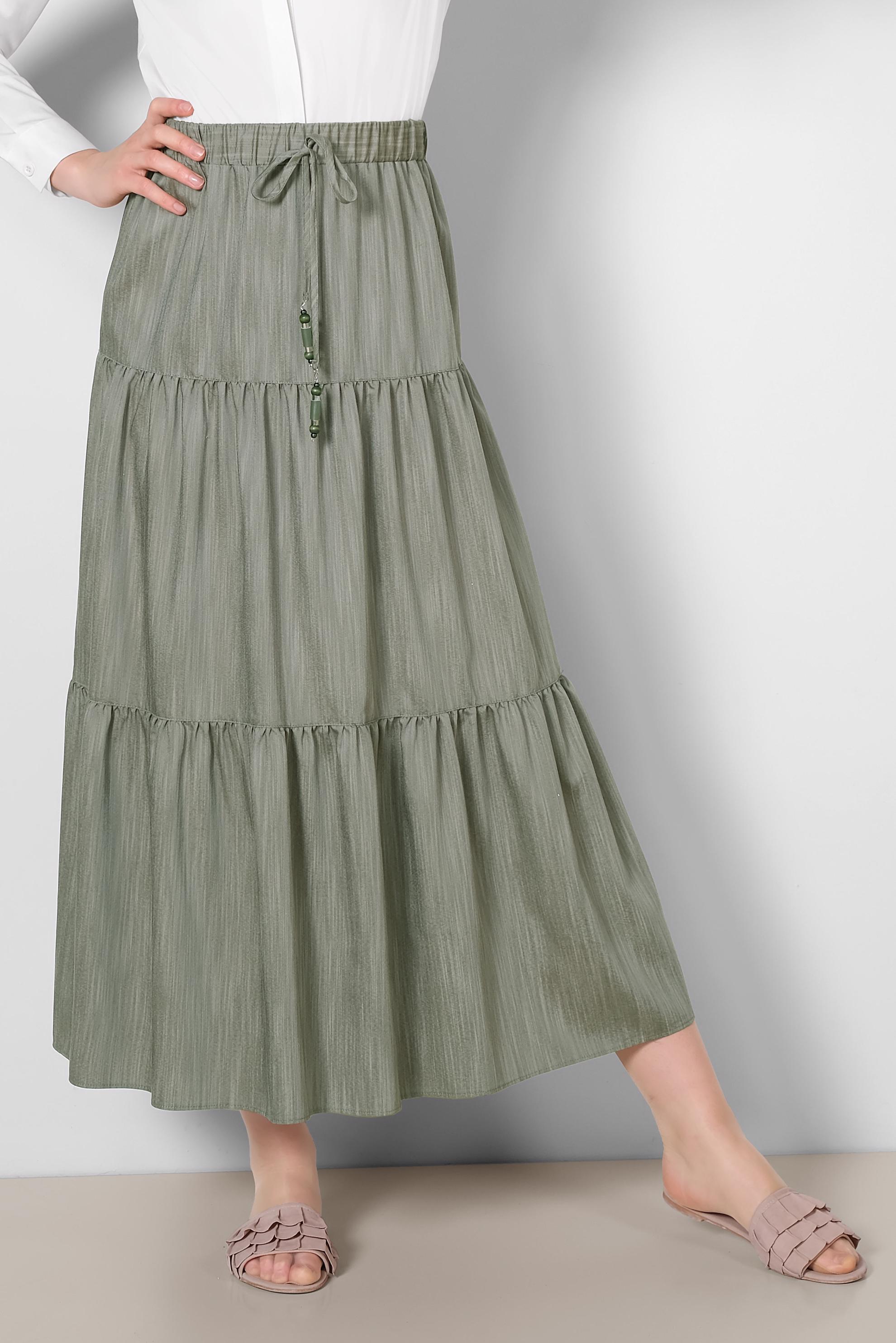 Tesettür giyim HAKİ BELİ LASTİKLİ ETEK 6330