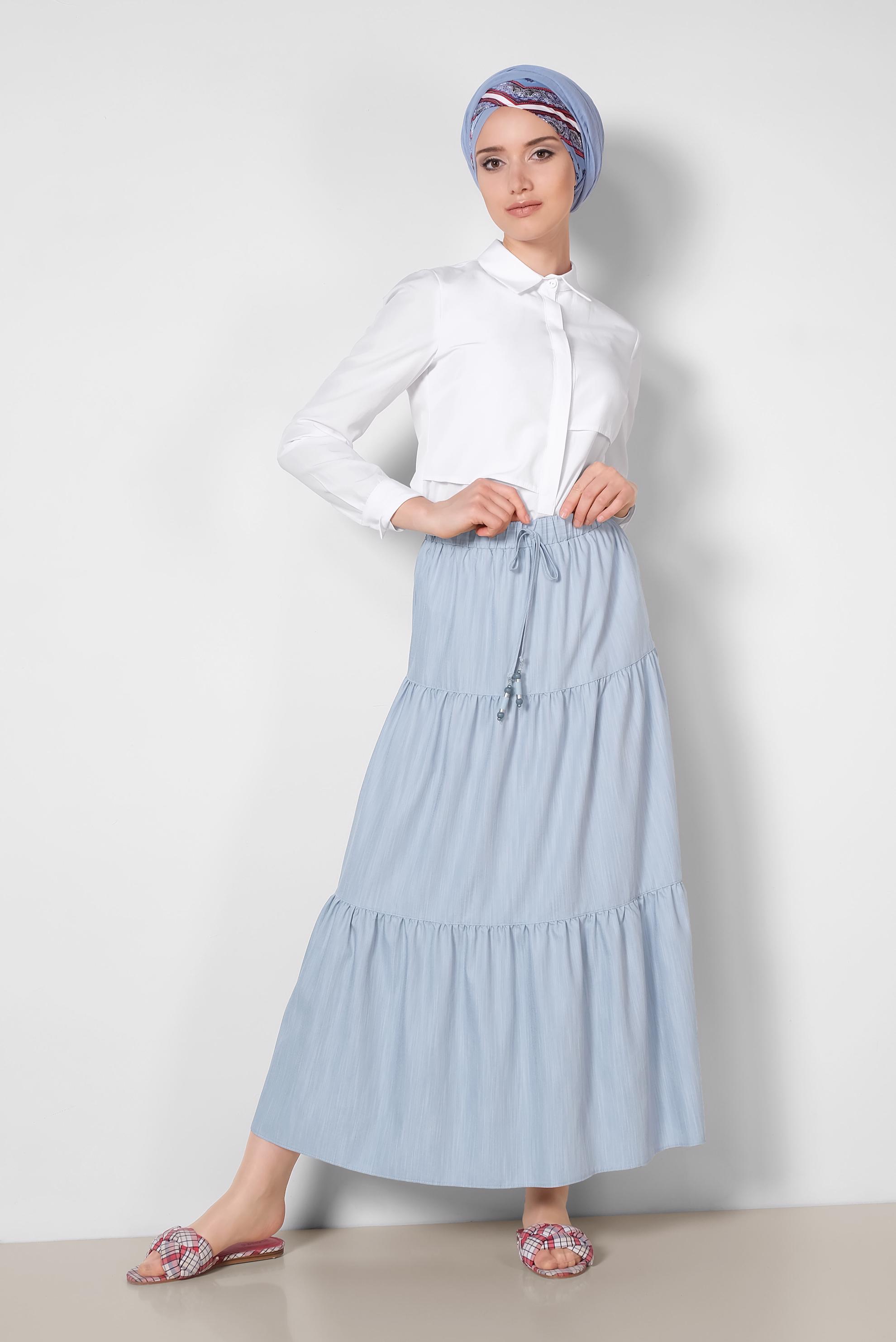 Tesettür giyim MAVİ BELİ LASTİKLİ ETEK 6330