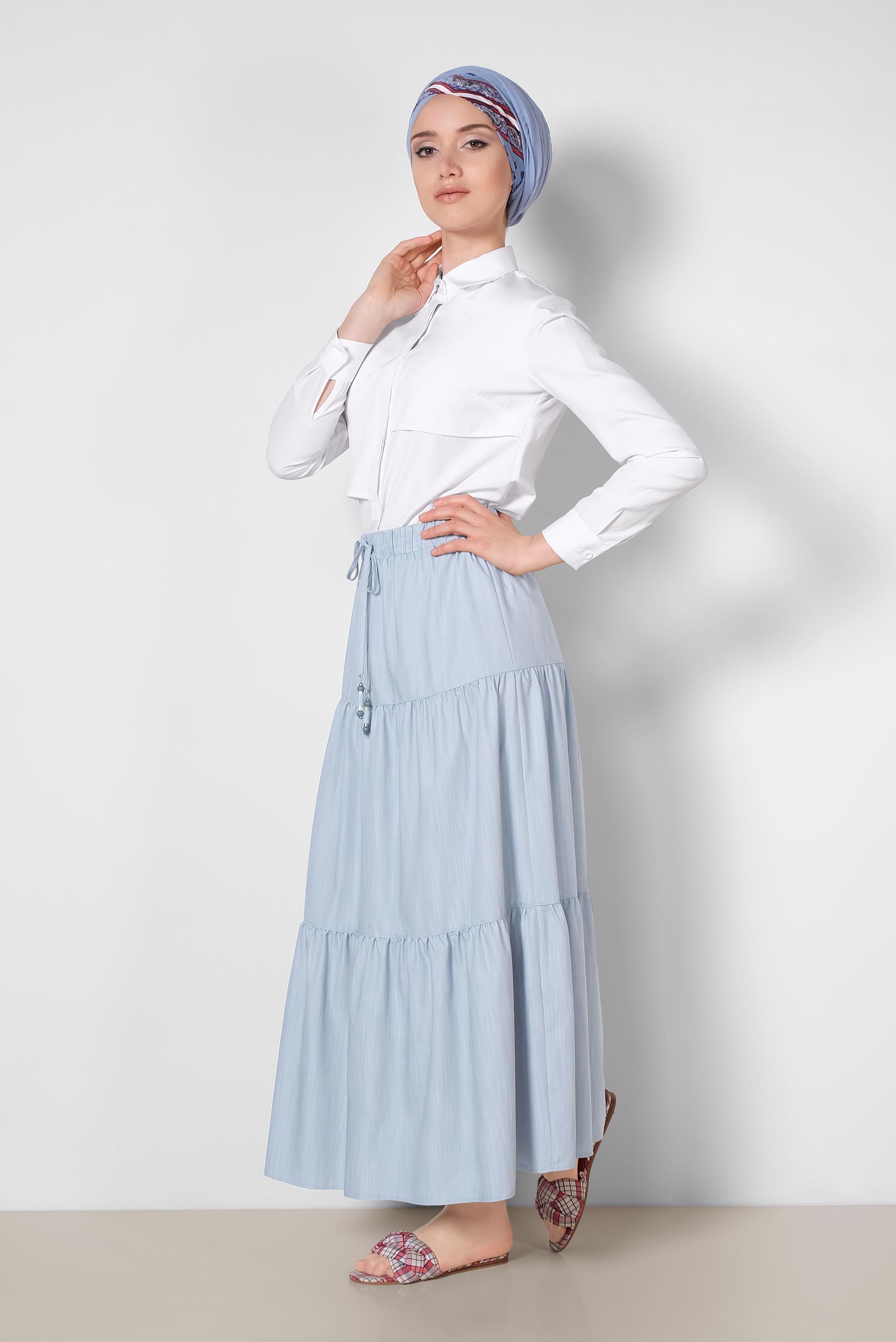 Tesettür giyim MAVİ BELİ LASTİKLİ ETEK 6330