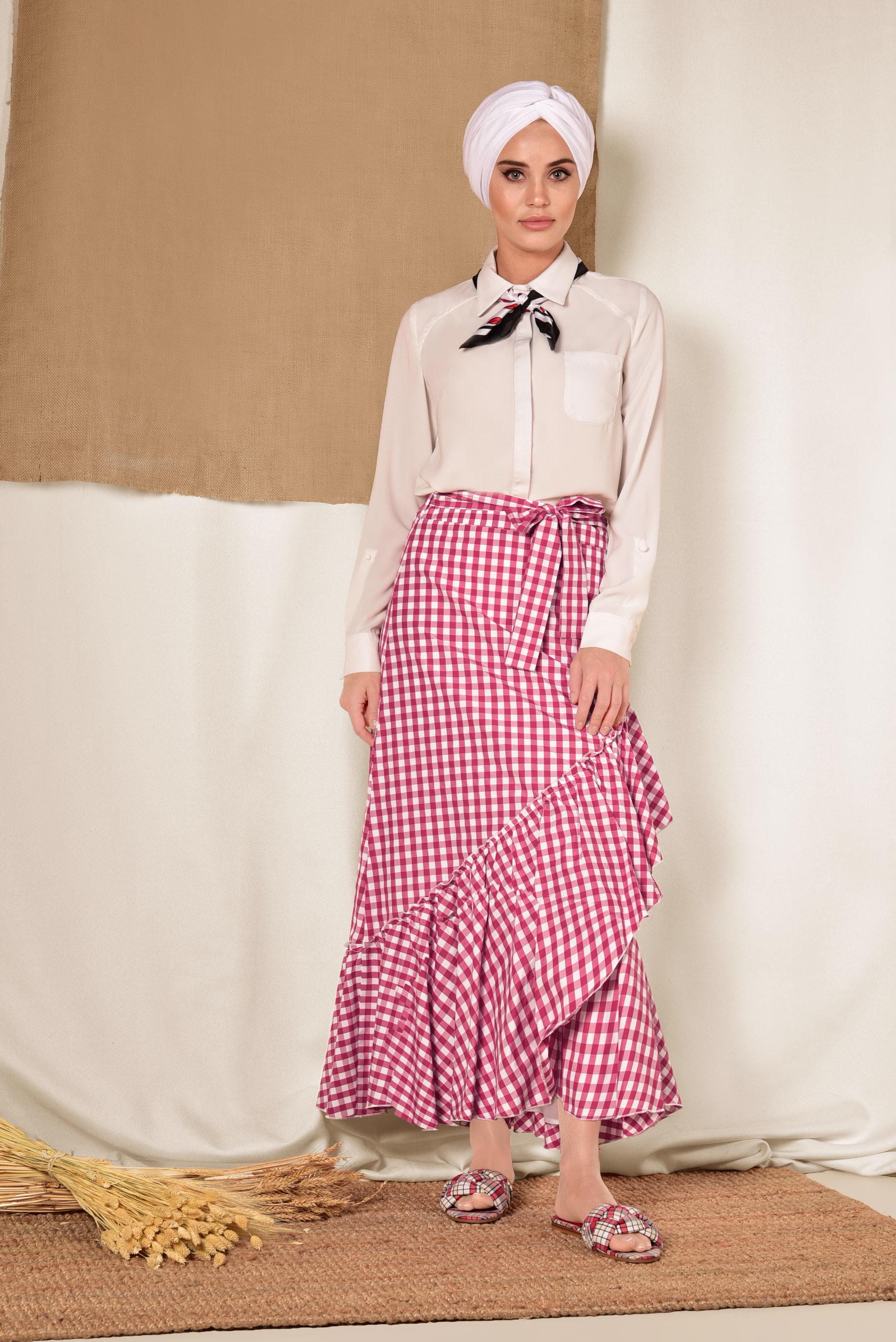 Tesettür giyim KIRMIZI EKOSE DESENLİ ASİMETRİK ETEK 6333