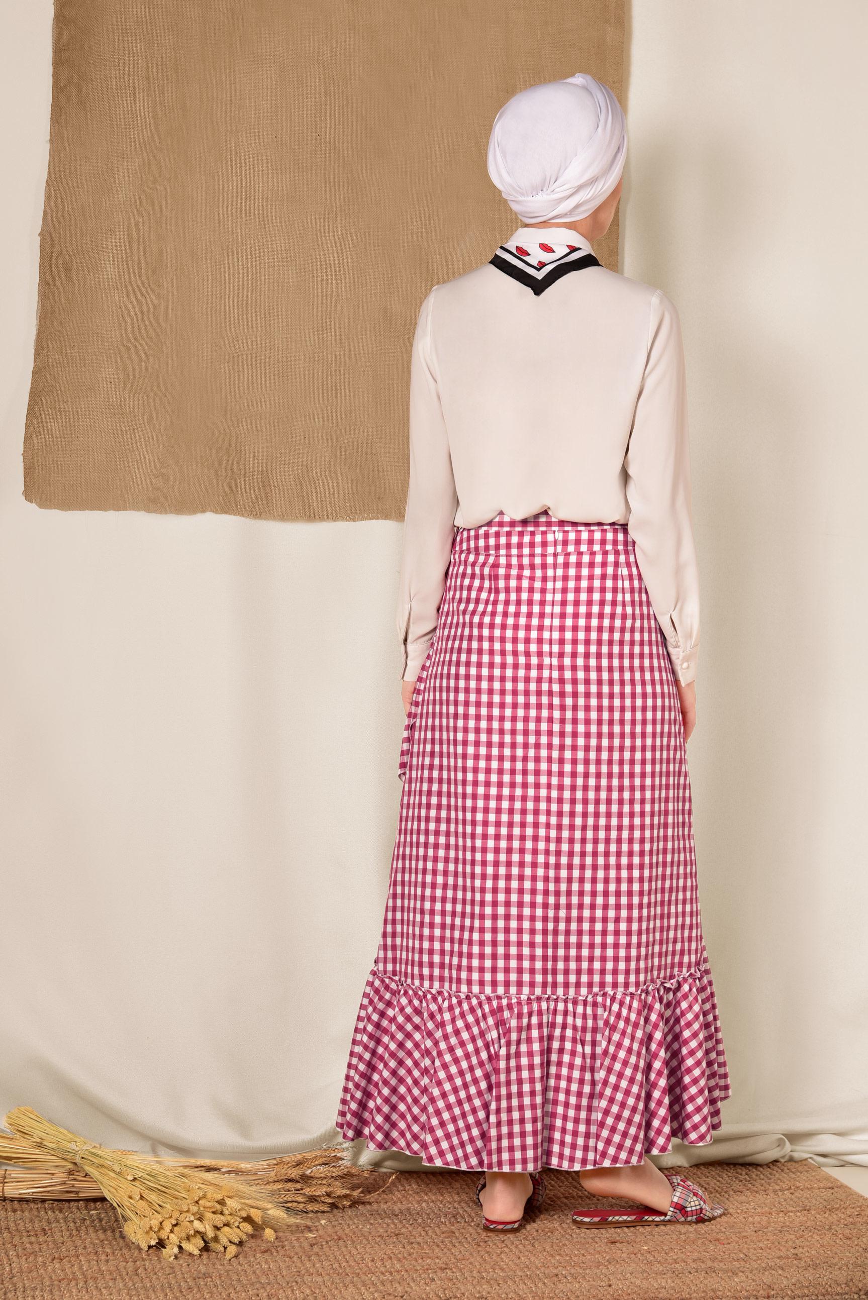 Tesettür giyim KIRMIZI EKOSE DESENLİ ASİMETRİK ETEK 6333