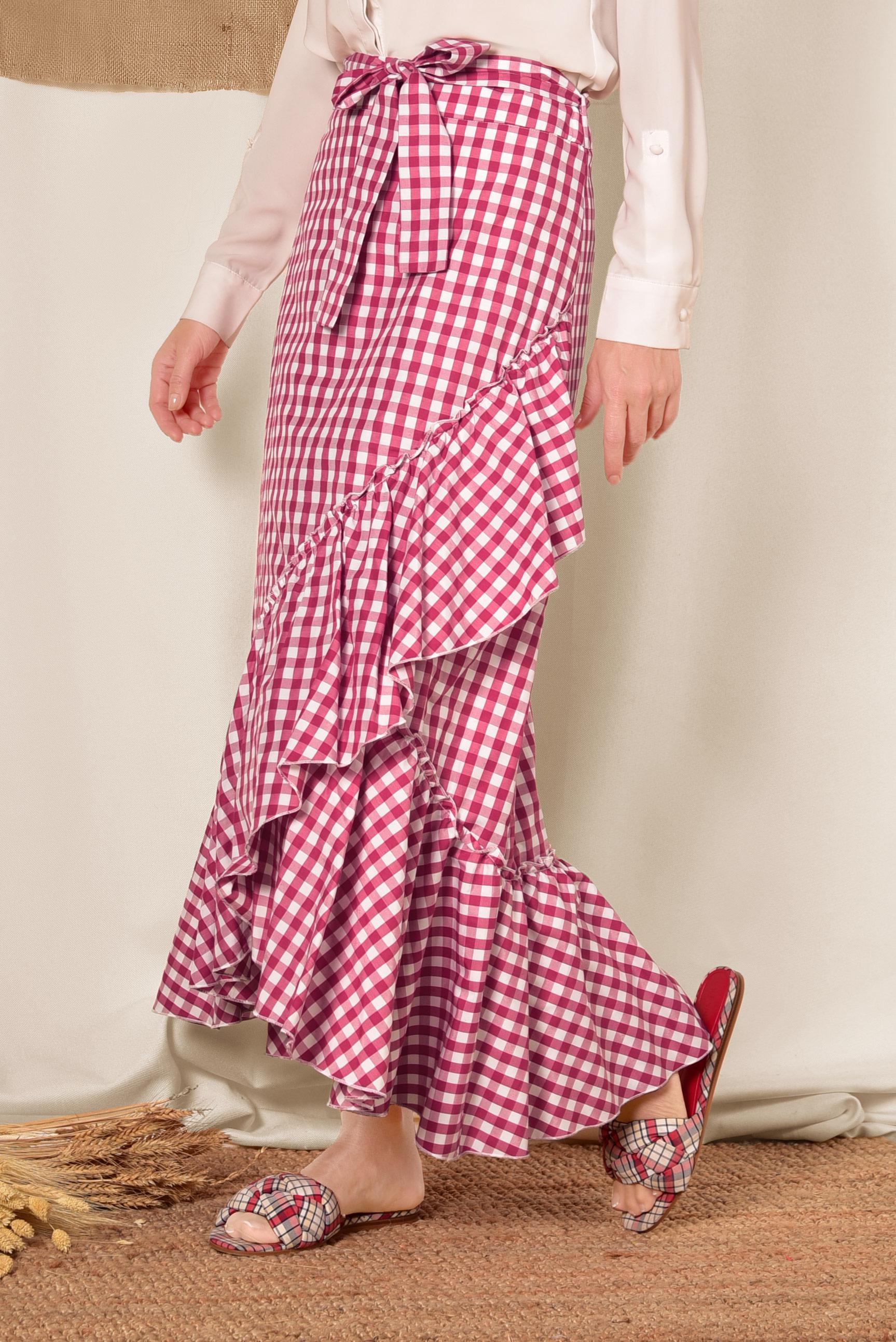 Tesettür giyim KIRMIZI EKOSE DESENLİ ASİMETRİK ETEK 6333