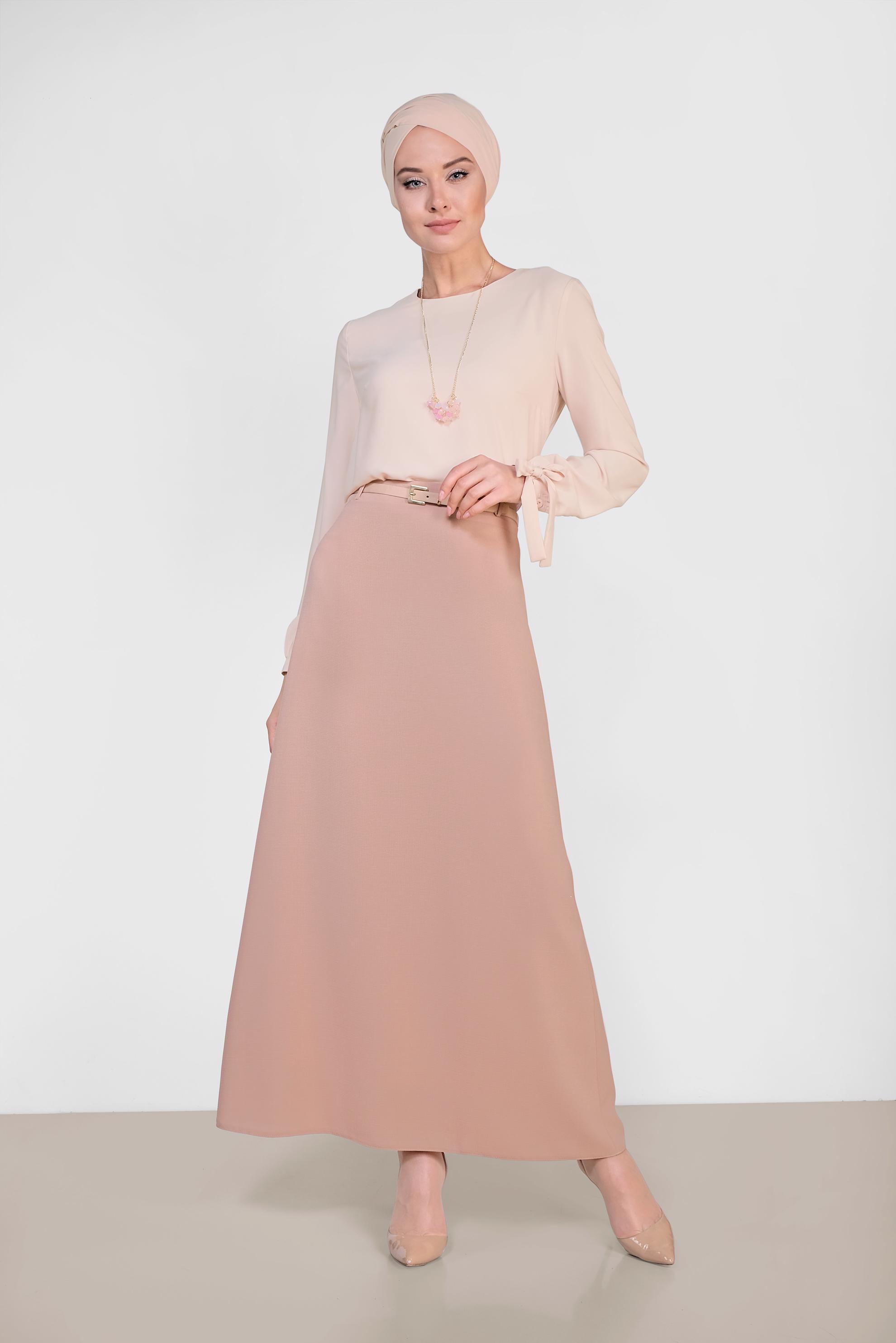 Tesettür giyim KAHVE BELİ KEMERLİ A KESİMLİ ETEK 6339