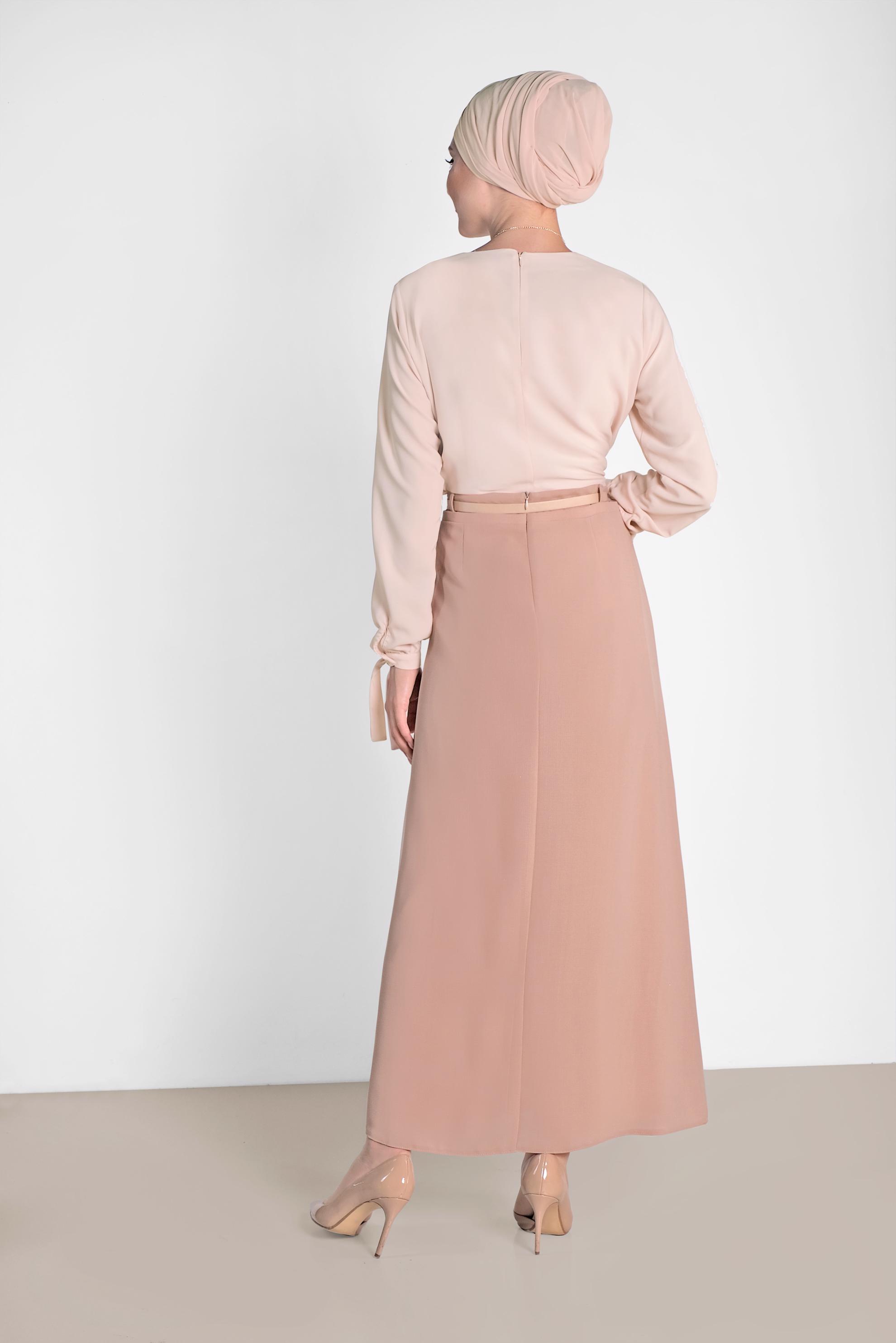 Tesettür giyim KAHVE BELİ KEMERLİ A KESİMLİ ETEK 6339