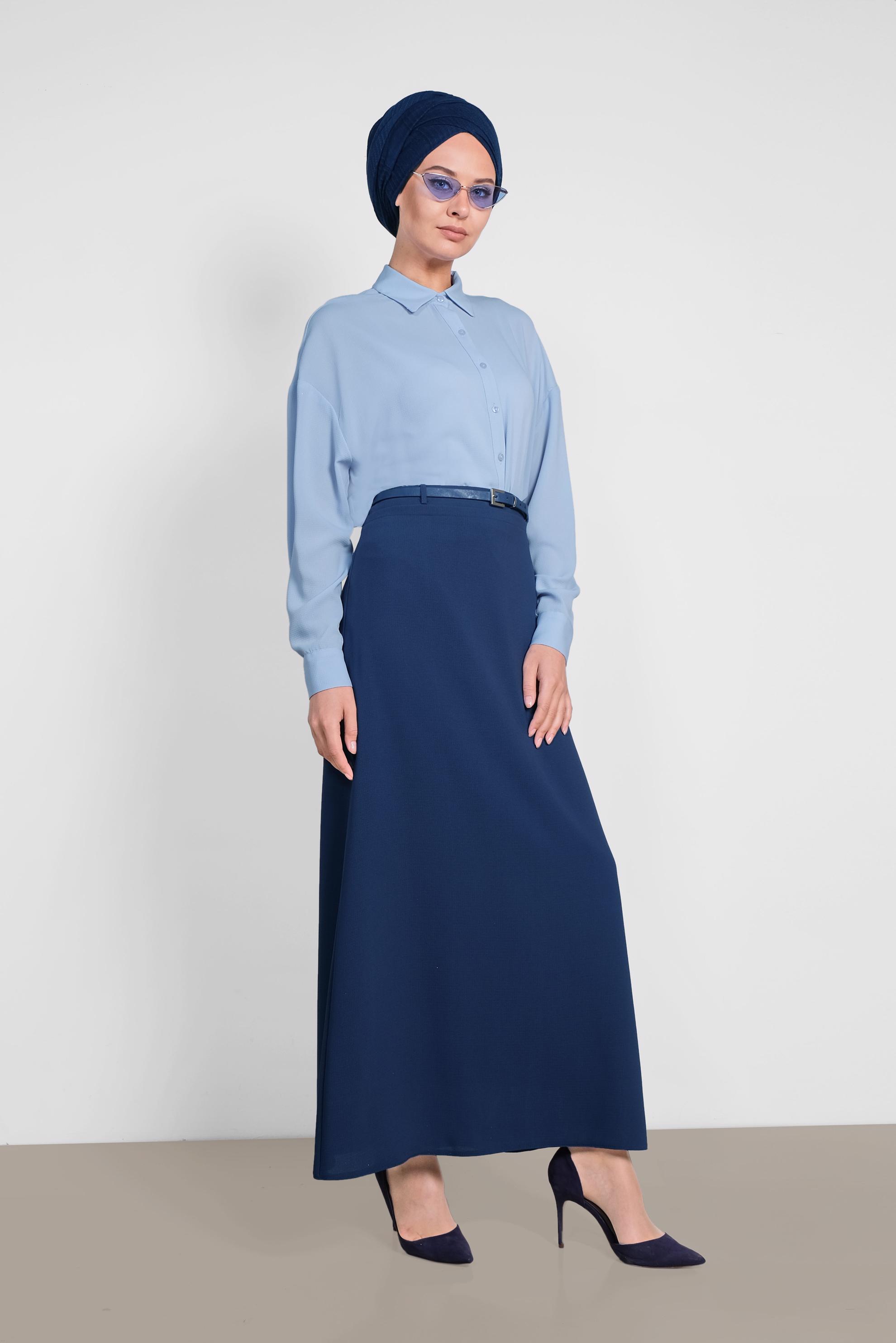 Tesettür giyim LACİVERT BELİ KEMERLİ A KESİMLİ ETEK 6339