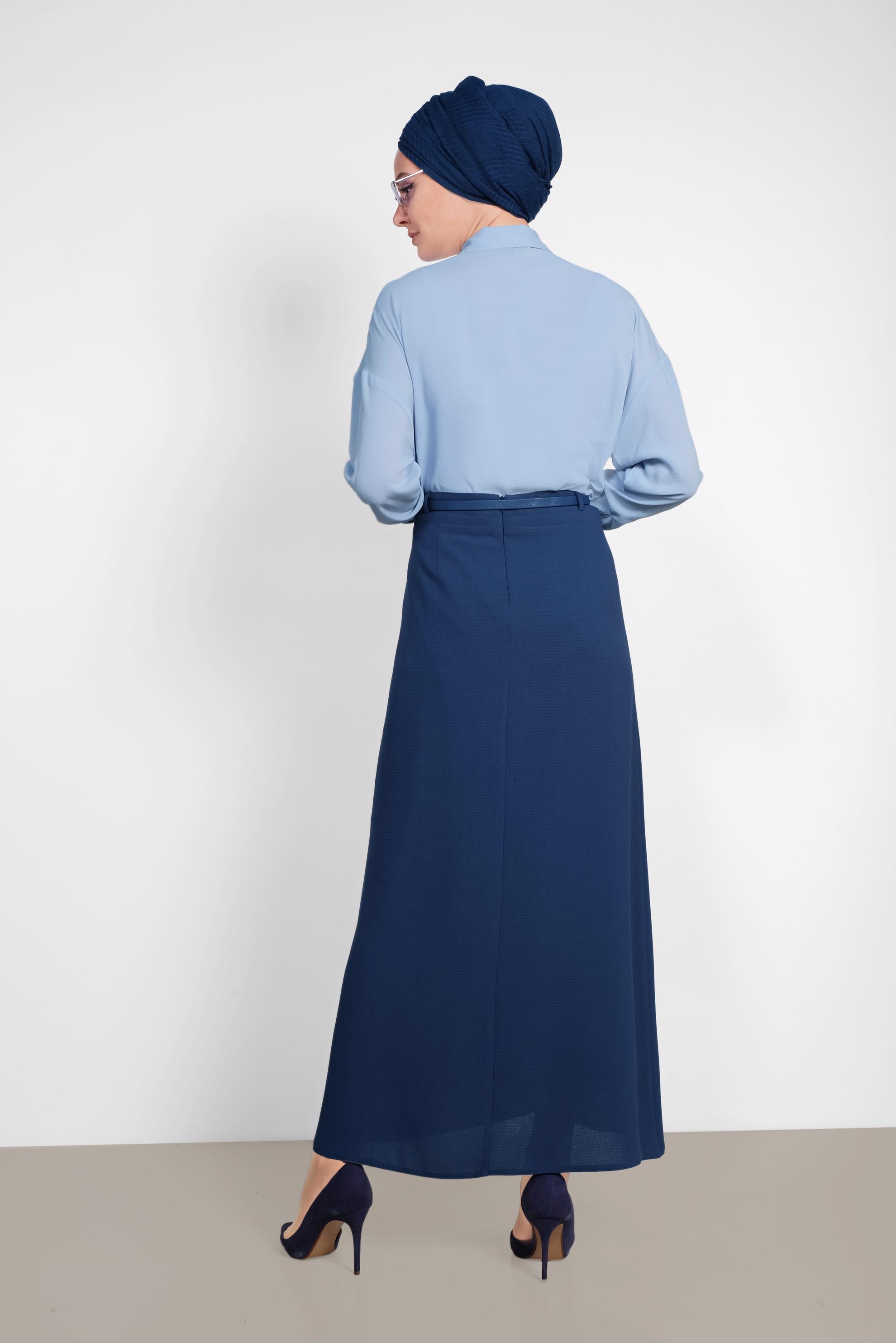 Tesettür giyim LACİVERT BELİ KEMERLİ A KESİMLİ ETEK 6339