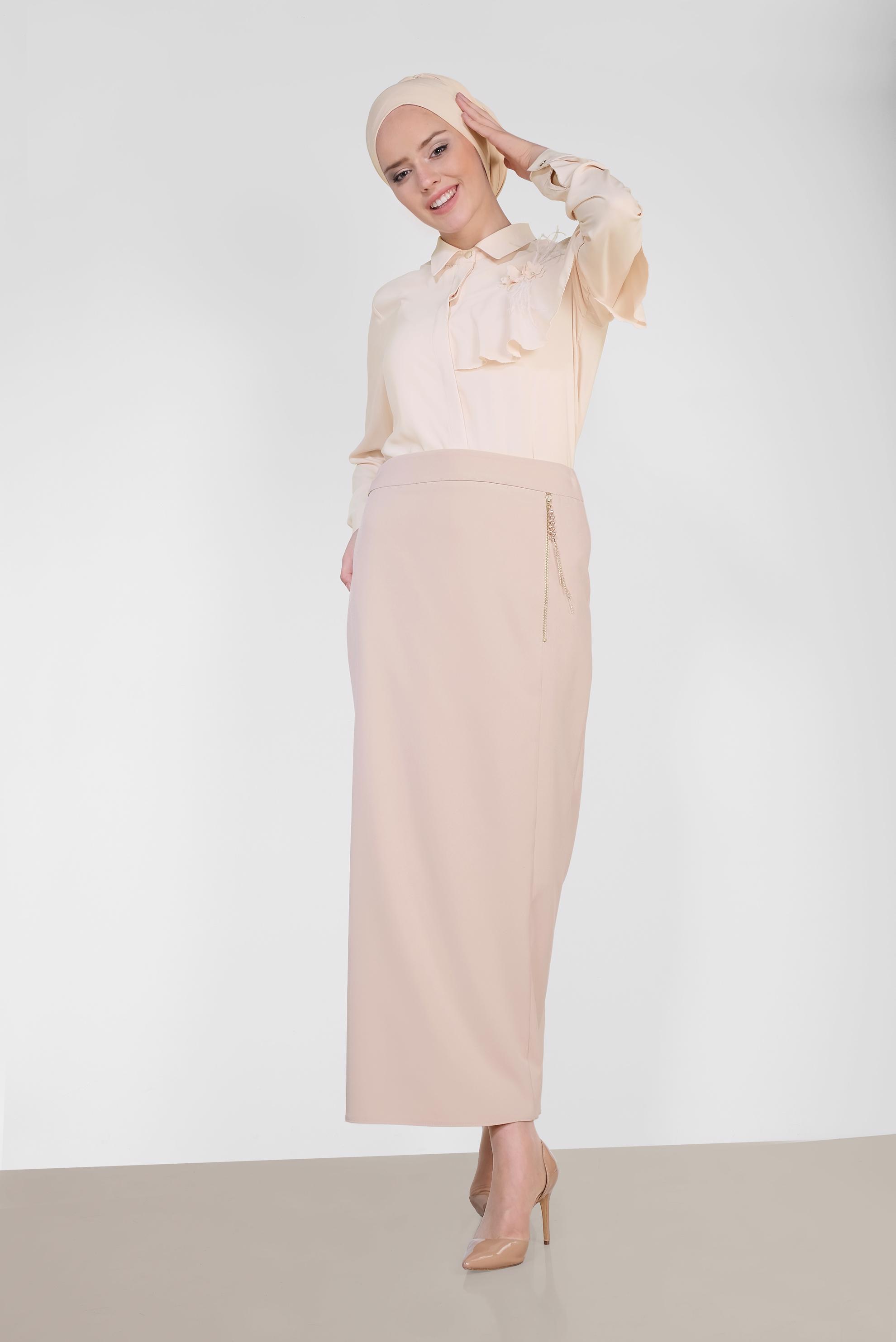 Tesettür giyim BEJ YÜKSEK BEL FERMUAR DETAYLI ETEK 6340