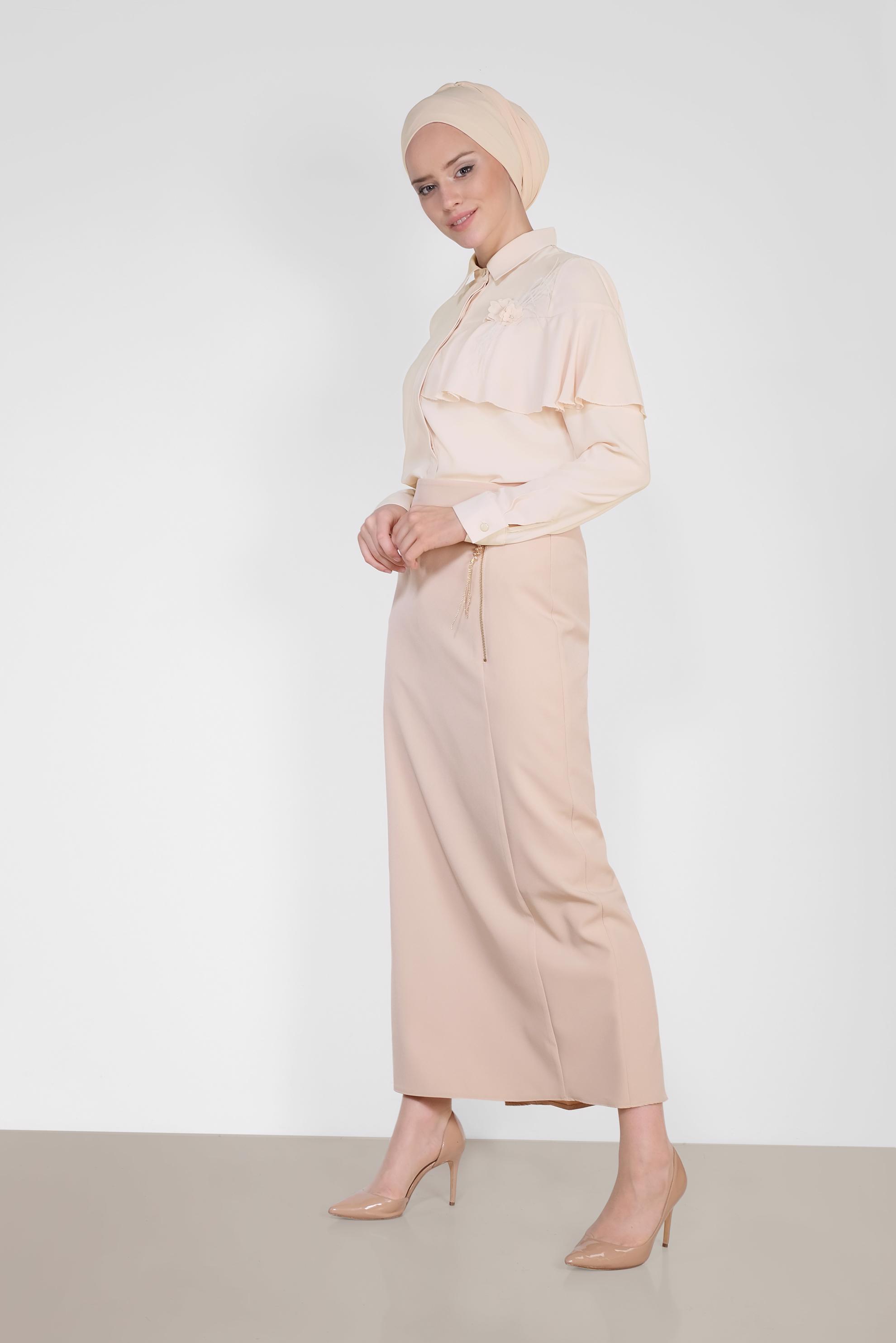 Tesettür giyim BEJ YÜKSEK BEL FERMUAR DETAYLI ETEK 6340