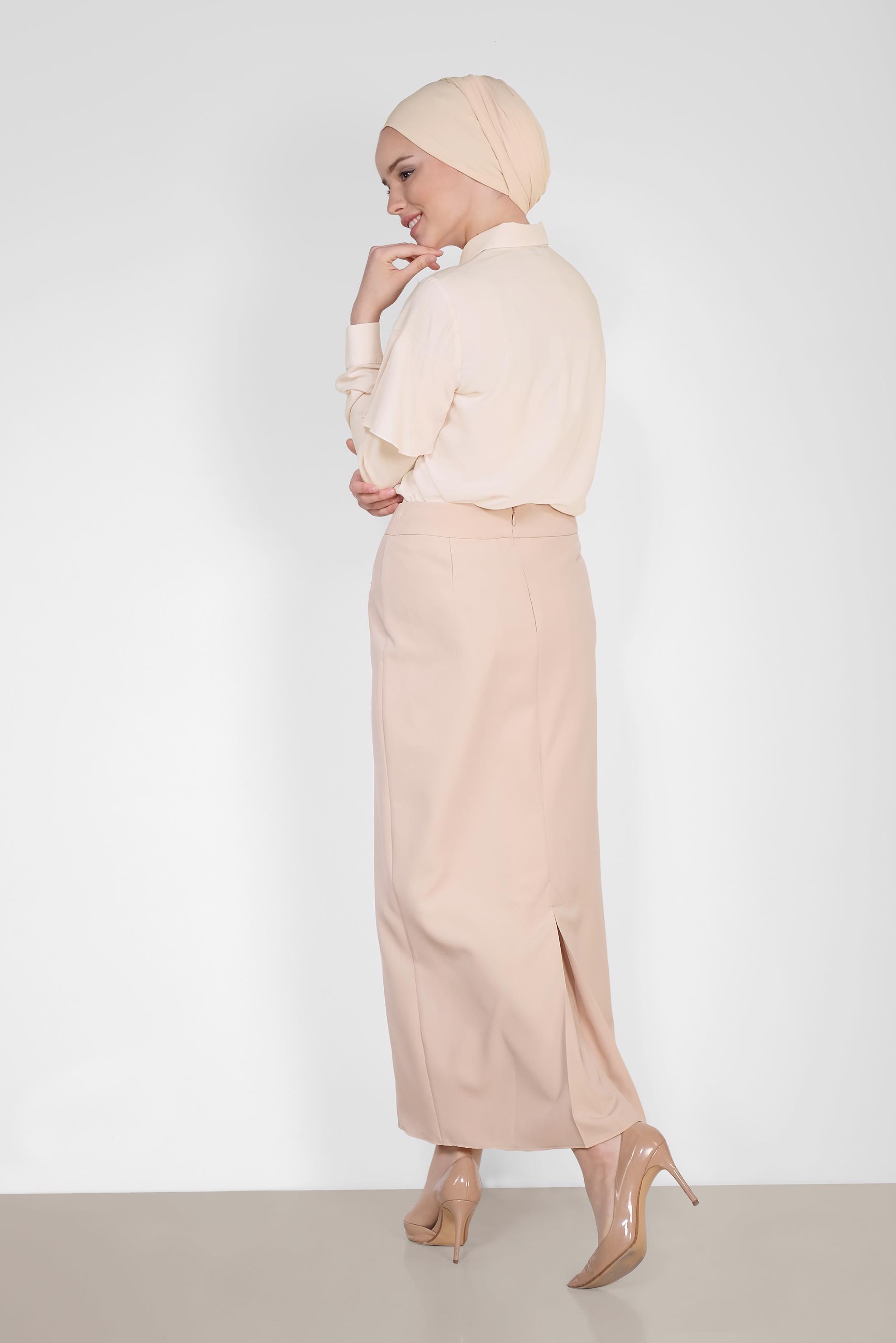 Tesettür giyim BEJ YÜKSEK BEL FERMUAR DETAYLI ETEK 6340