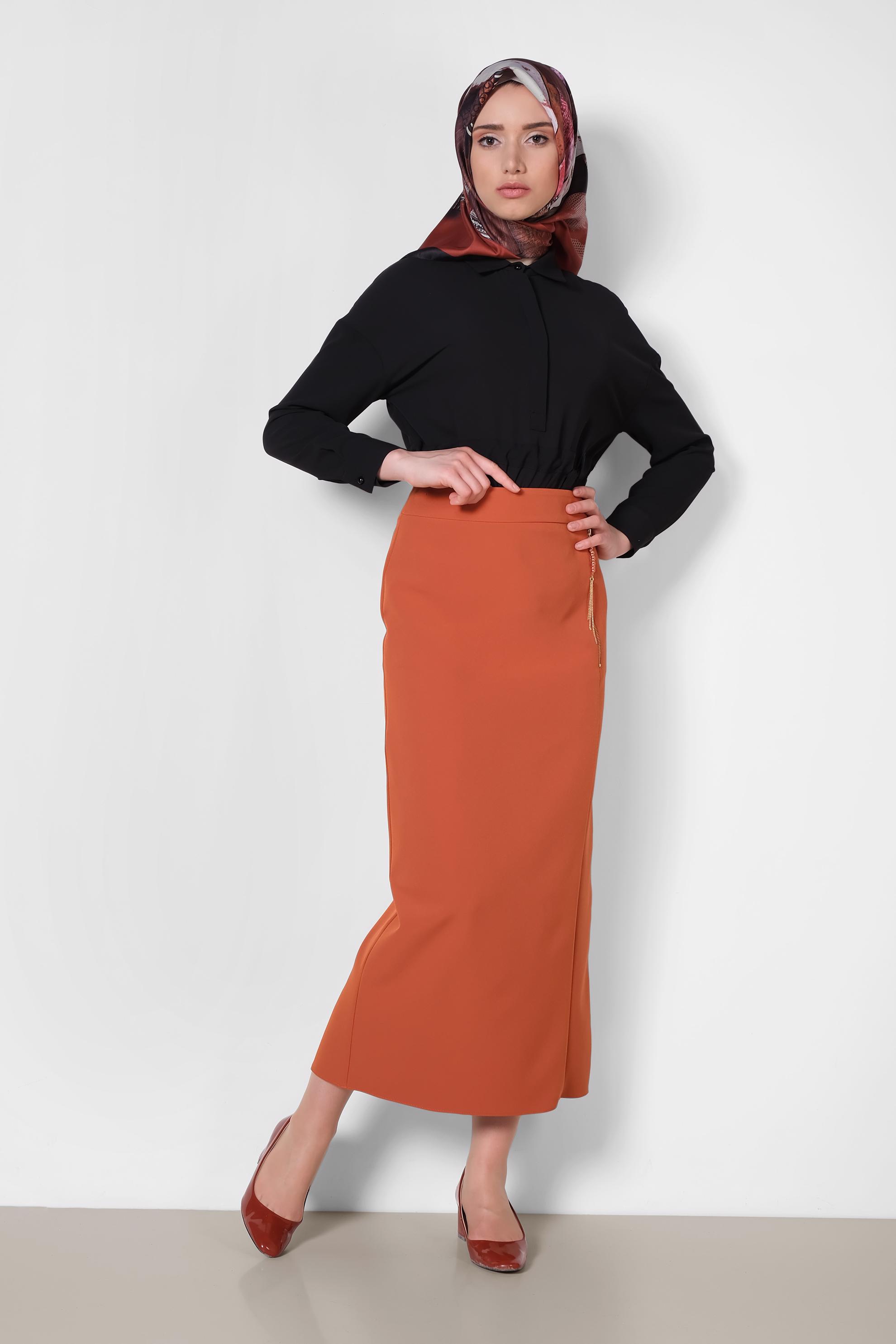 Tesettür giyim TURUNCU YÜKSEK BEL FERMUAR DETAYLI ETEK 6340