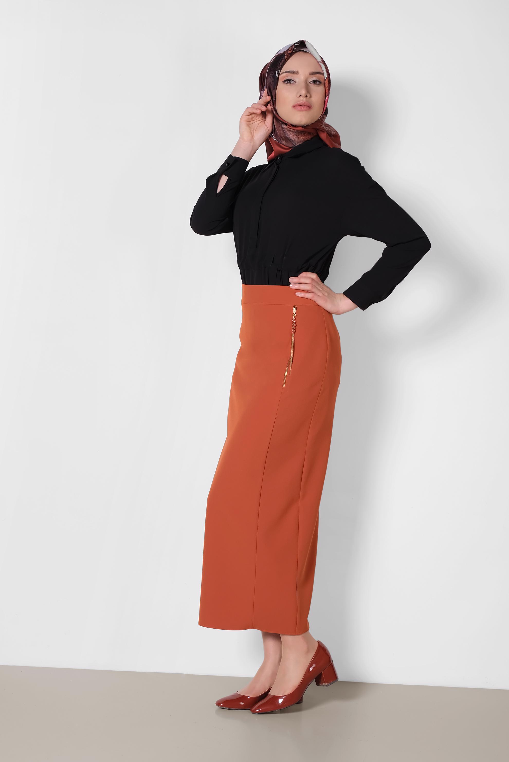 Tesettür giyim TURUNCU YÜKSEK BEL FERMUAR DETAYLI ETEK 6340