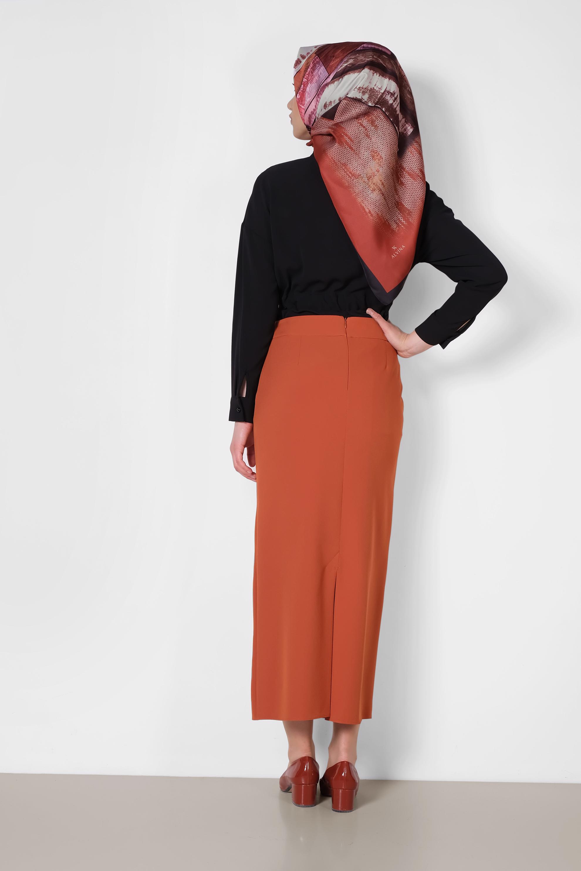 Tesettür giyim TURUNCU YÜKSEK BEL FERMUAR DETAYLI ETEK 6340