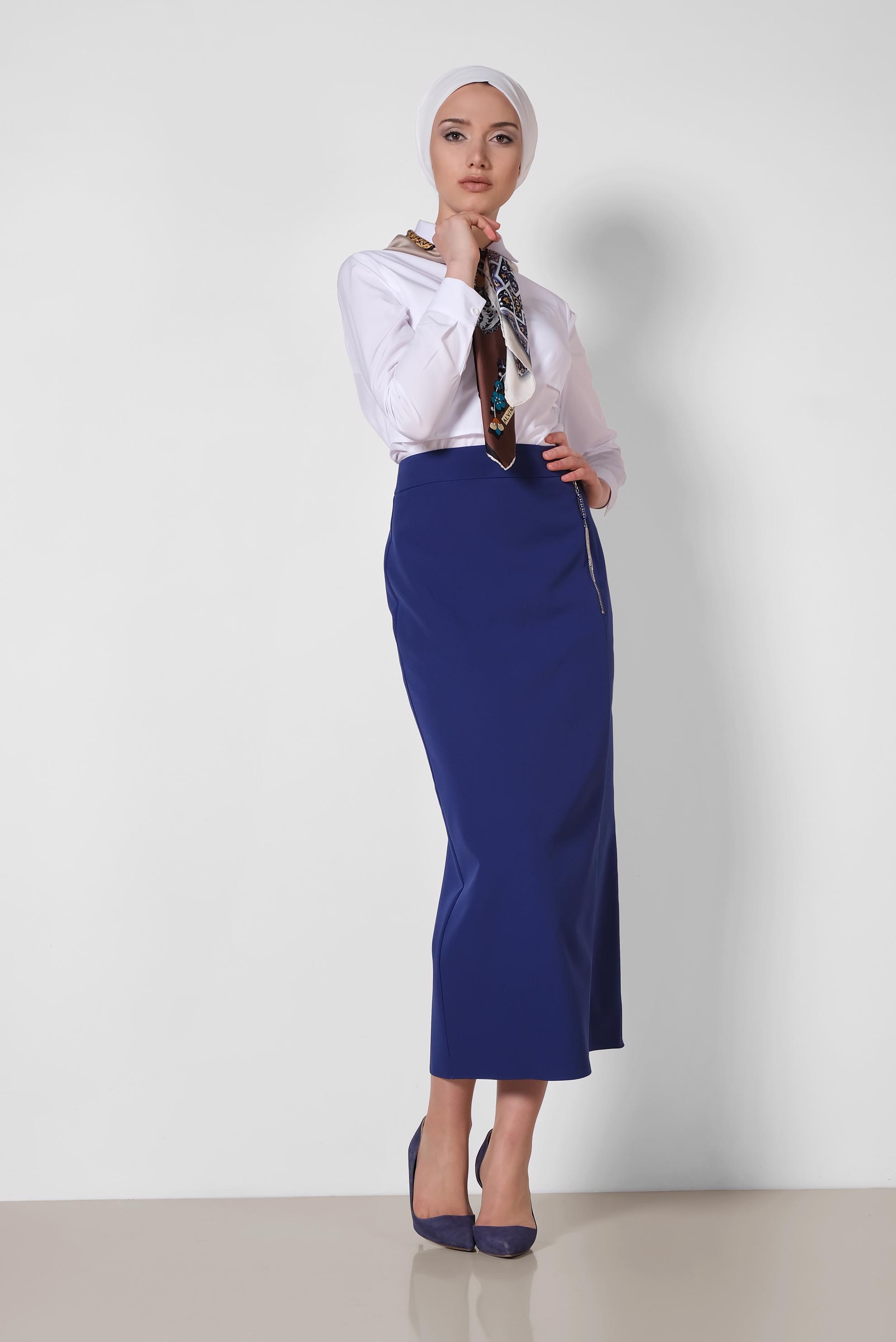 Tesettür giyim LACİVERT YÜKSEK BEL FERMUAR DETAYLI ETEK 6340