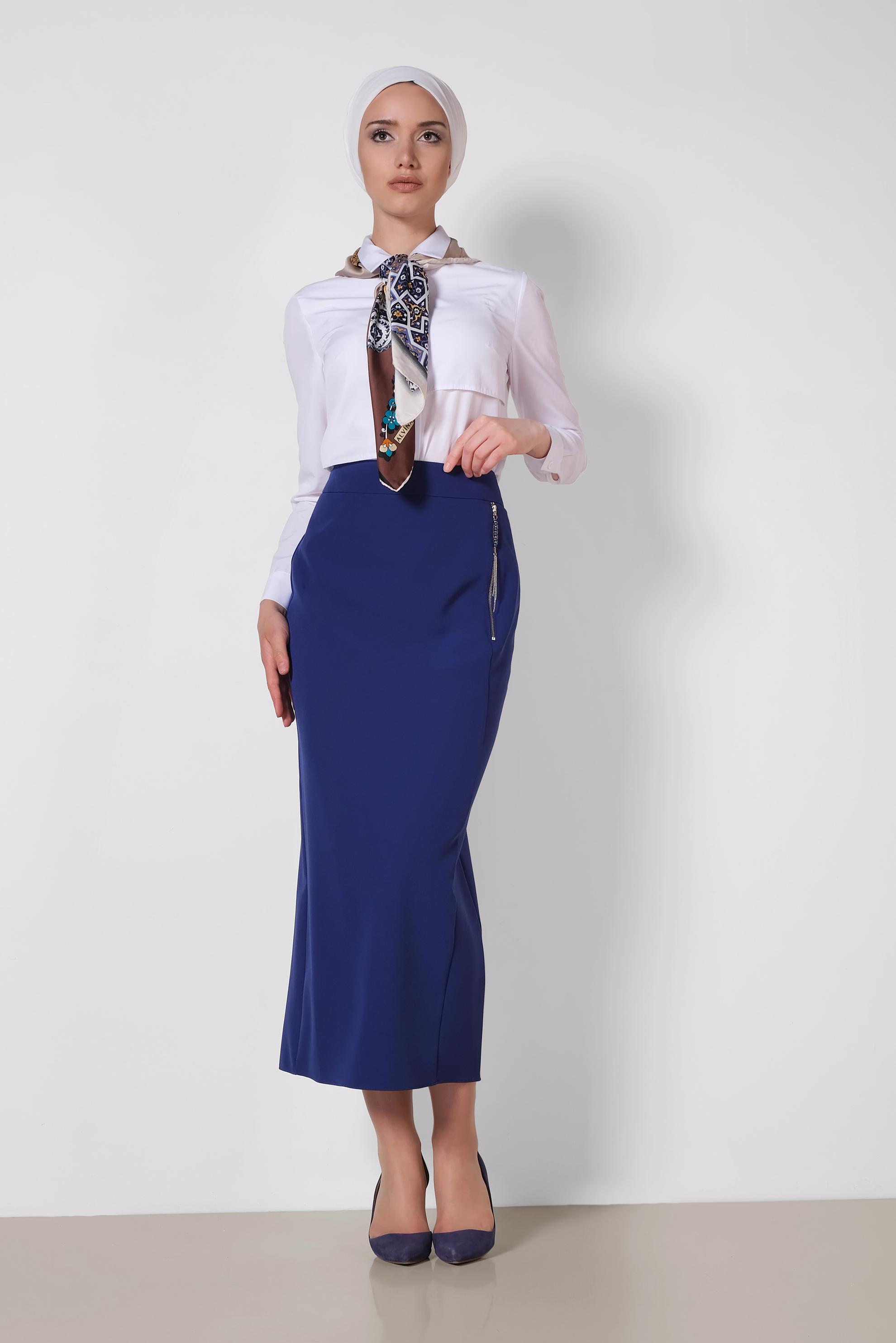 Tesettür giyim LACİVERT YÜKSEK BEL FERMUAR DETAYLI ETEK 6340