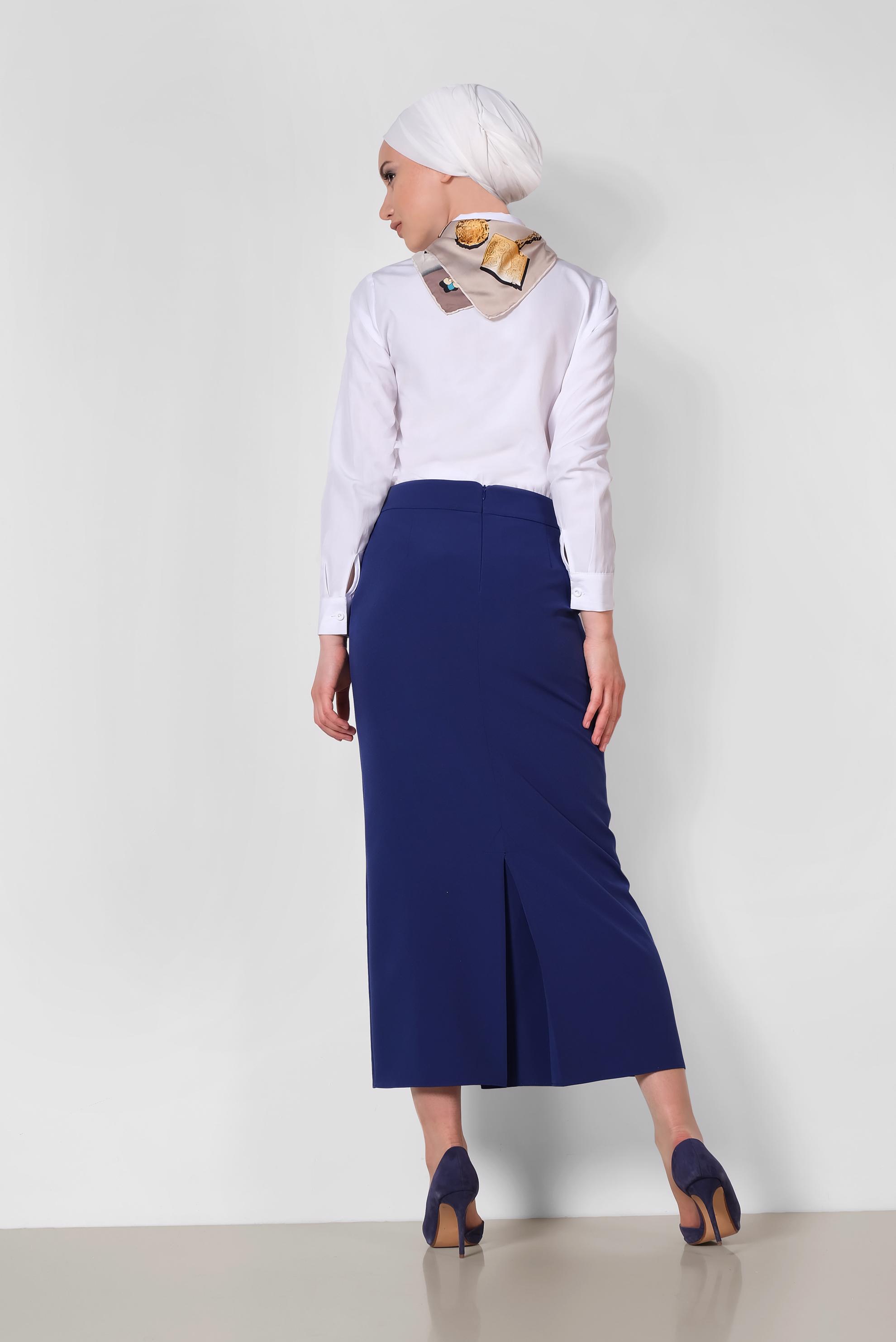 Tesettür giyim LACİVERT YÜKSEK BEL FERMUAR DETAYLI ETEK 6340