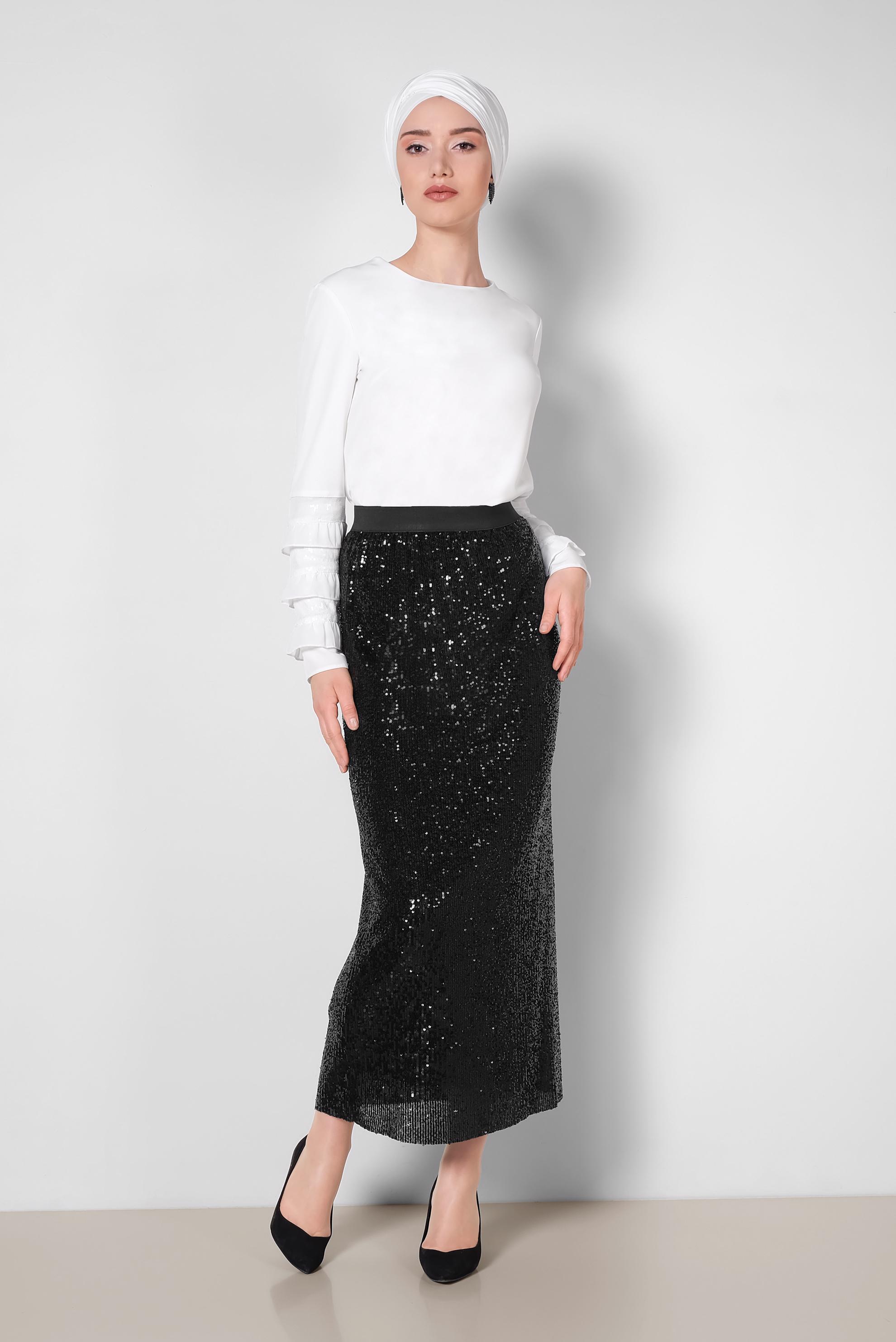 Tesettür giyim SİYAH PUL PAYET ETEK 6343