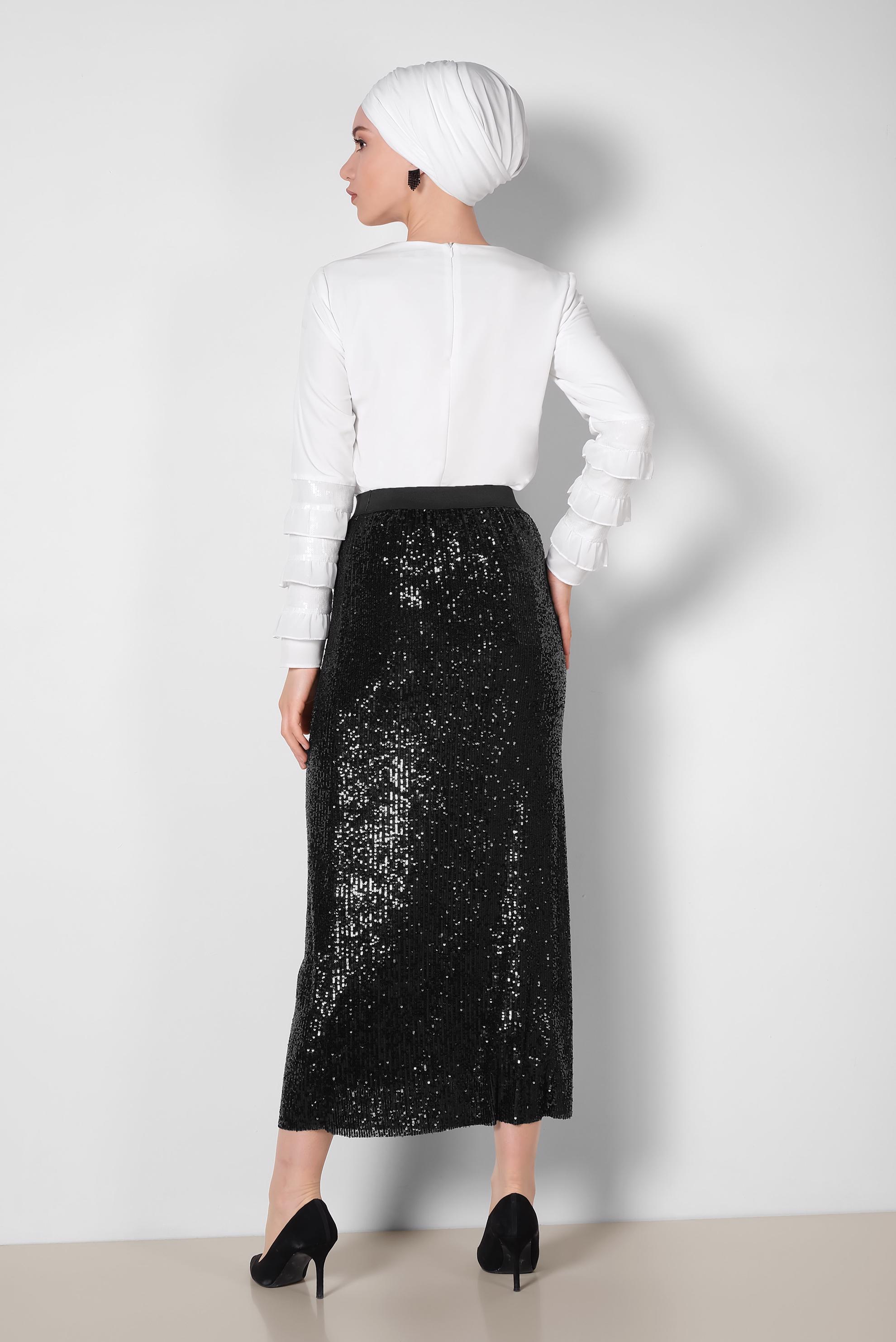 Tesettür giyim SİYAH PUL PAYET ETEK 6343