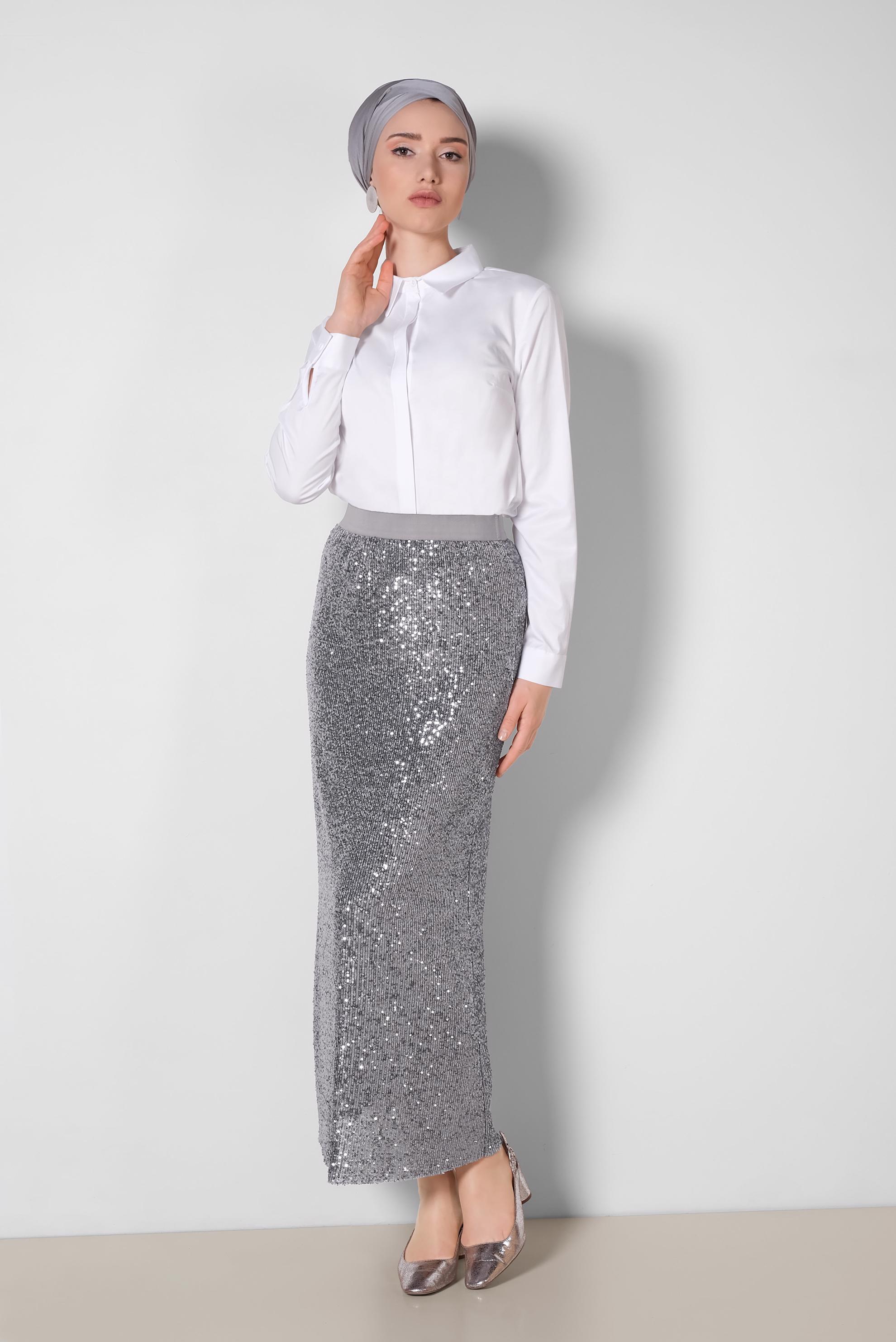Tesettür giyim GRİ PUL PAYET ETEK 6343