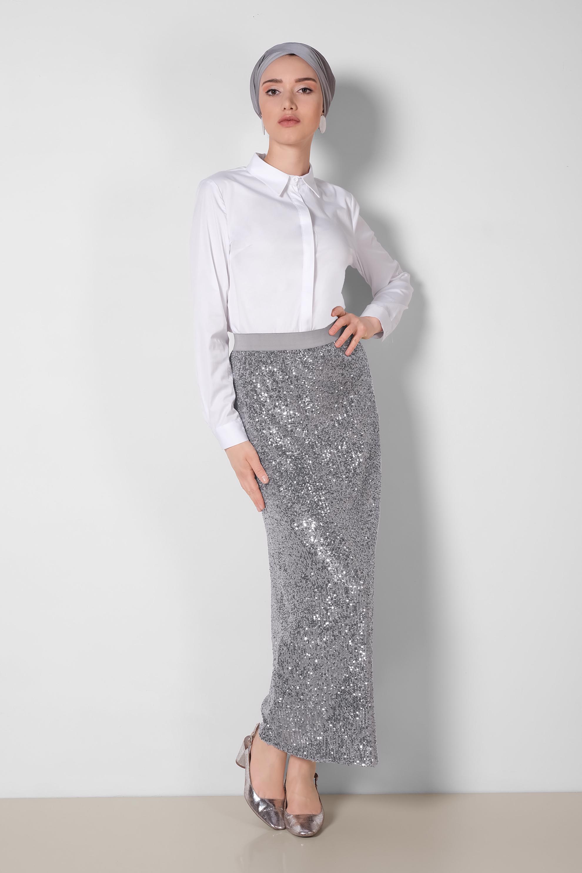 Tesettür giyim GRİ PUL PAYET ETEK 6343