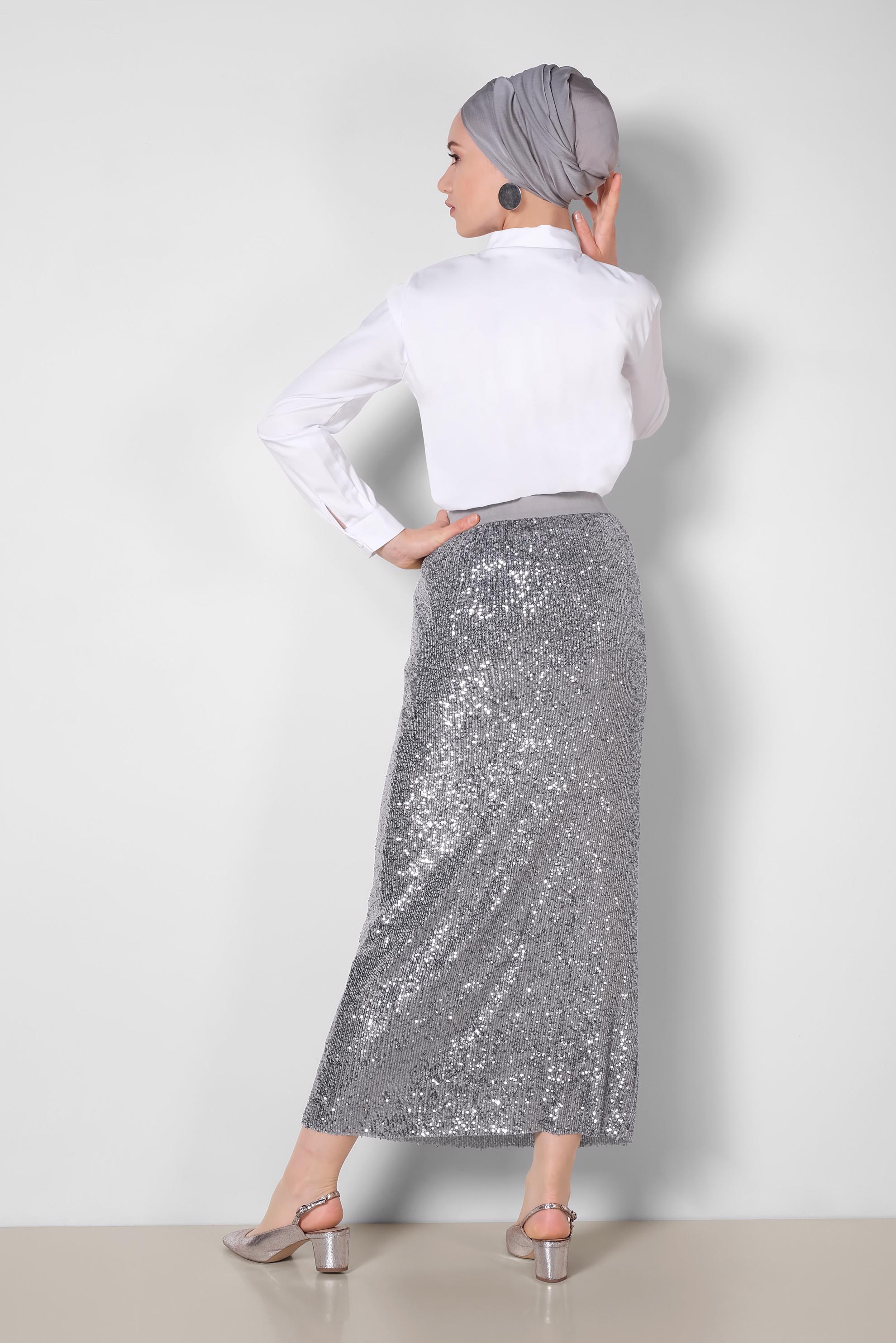 Tesettür giyim GRİ PUL PAYET ETEK 6343