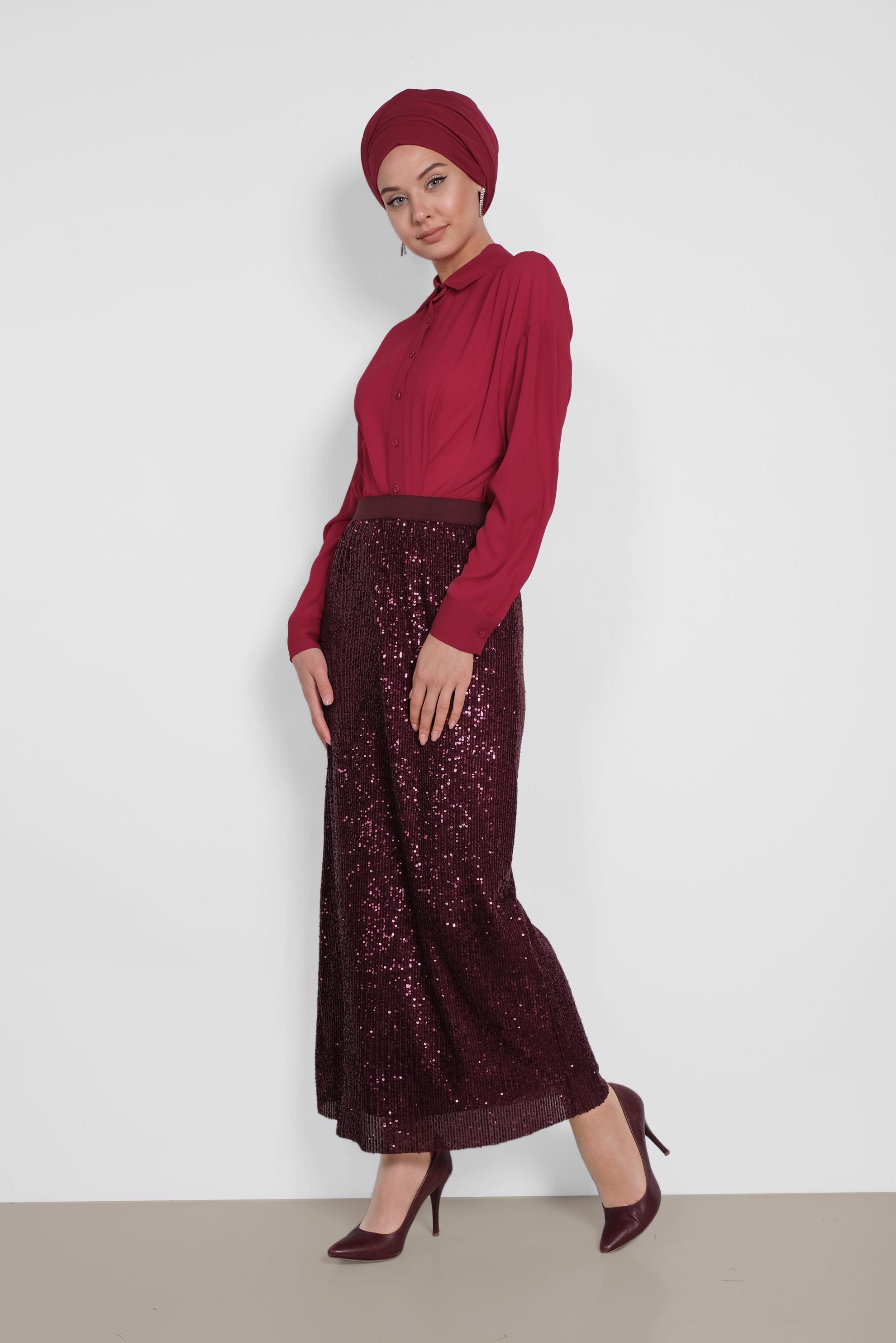 Tesettür giyim BORDO PUL PAYET ETEK 6343