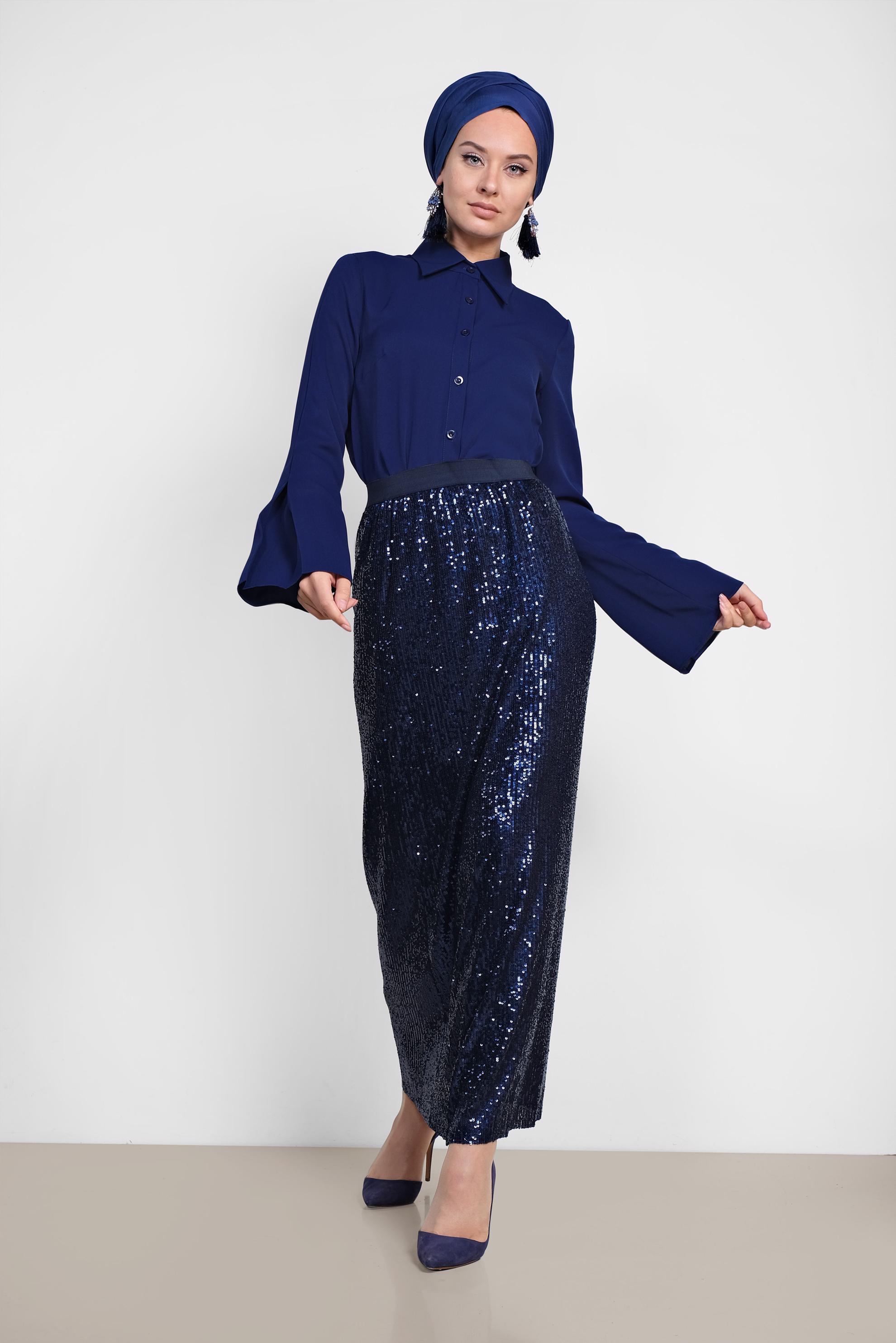 Tesettür giyim LACİVERT PUL PAYET ETEK 6343