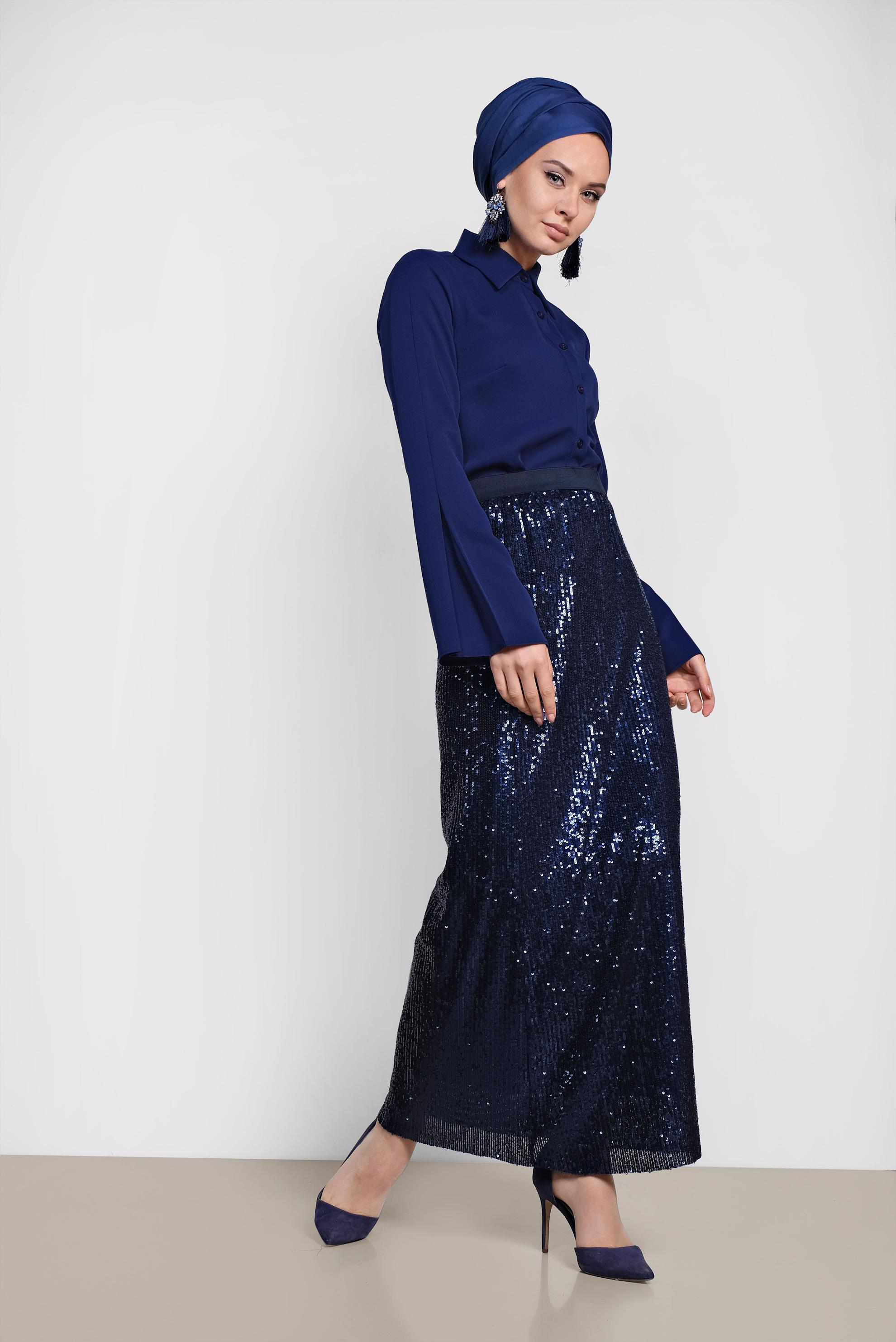 Tesettür giyim LACİVERT PUL PAYET ETEK 6343