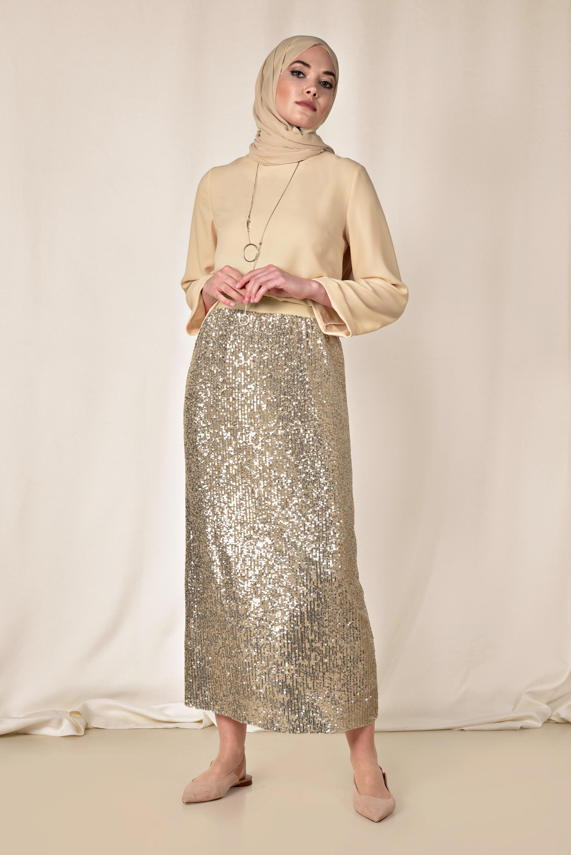 Tesettür giyim ALTIN PUL PAYET ETEK 6343