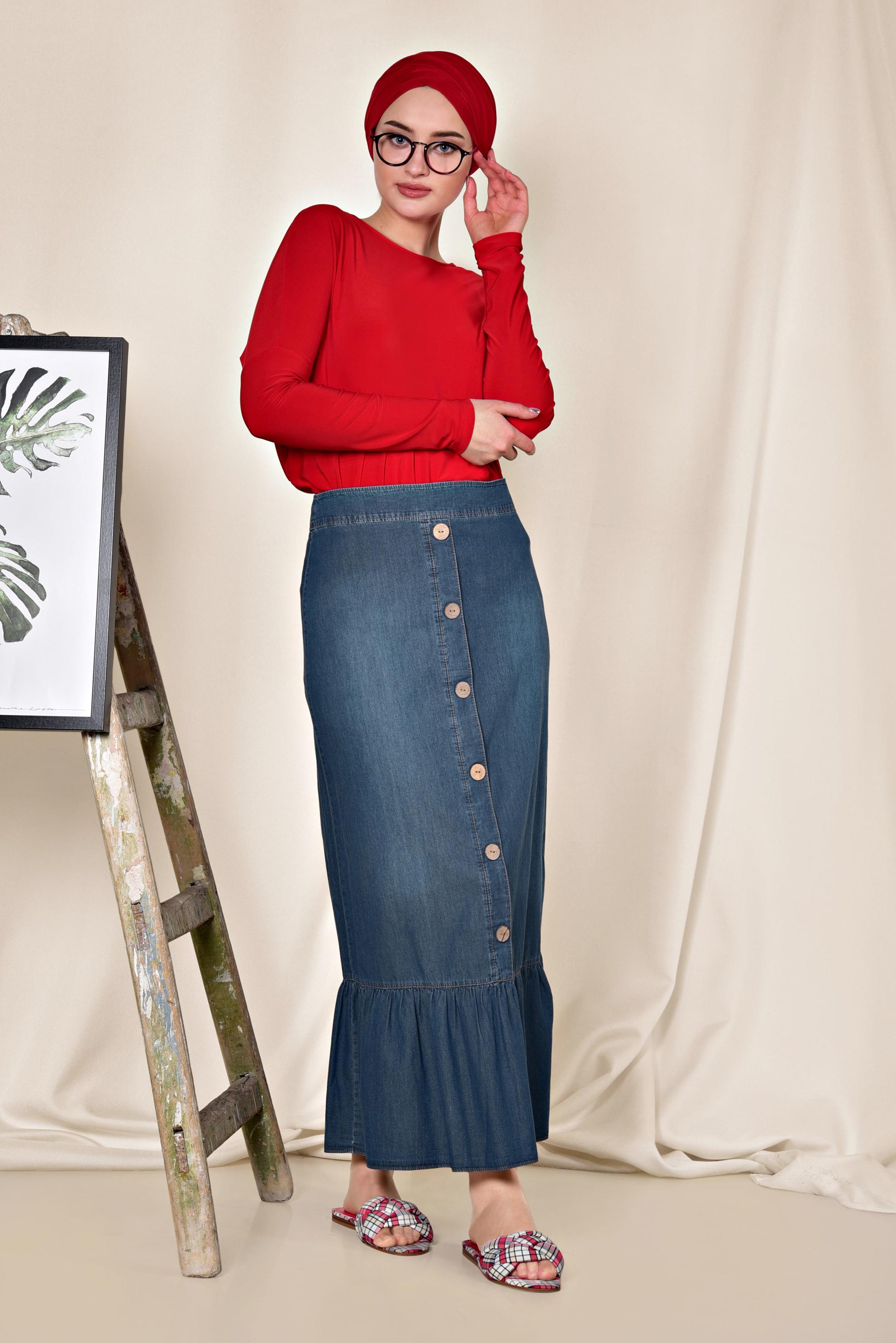 Tesettür giyim LACİVERT ETEK UCU FIRFIRLI ÖNDEN DÜĞME DETAYLI ETEK 6344