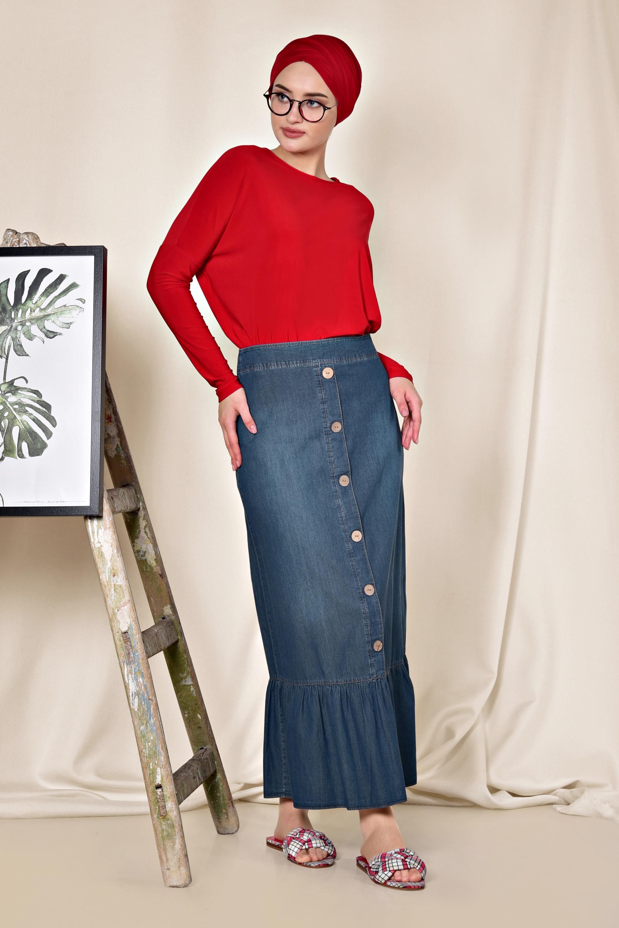 Tesettür giyim LACİVERT ETEK UCU FIRFIRLI ÖNDEN DÜĞME DETAYLI ETEK 6344