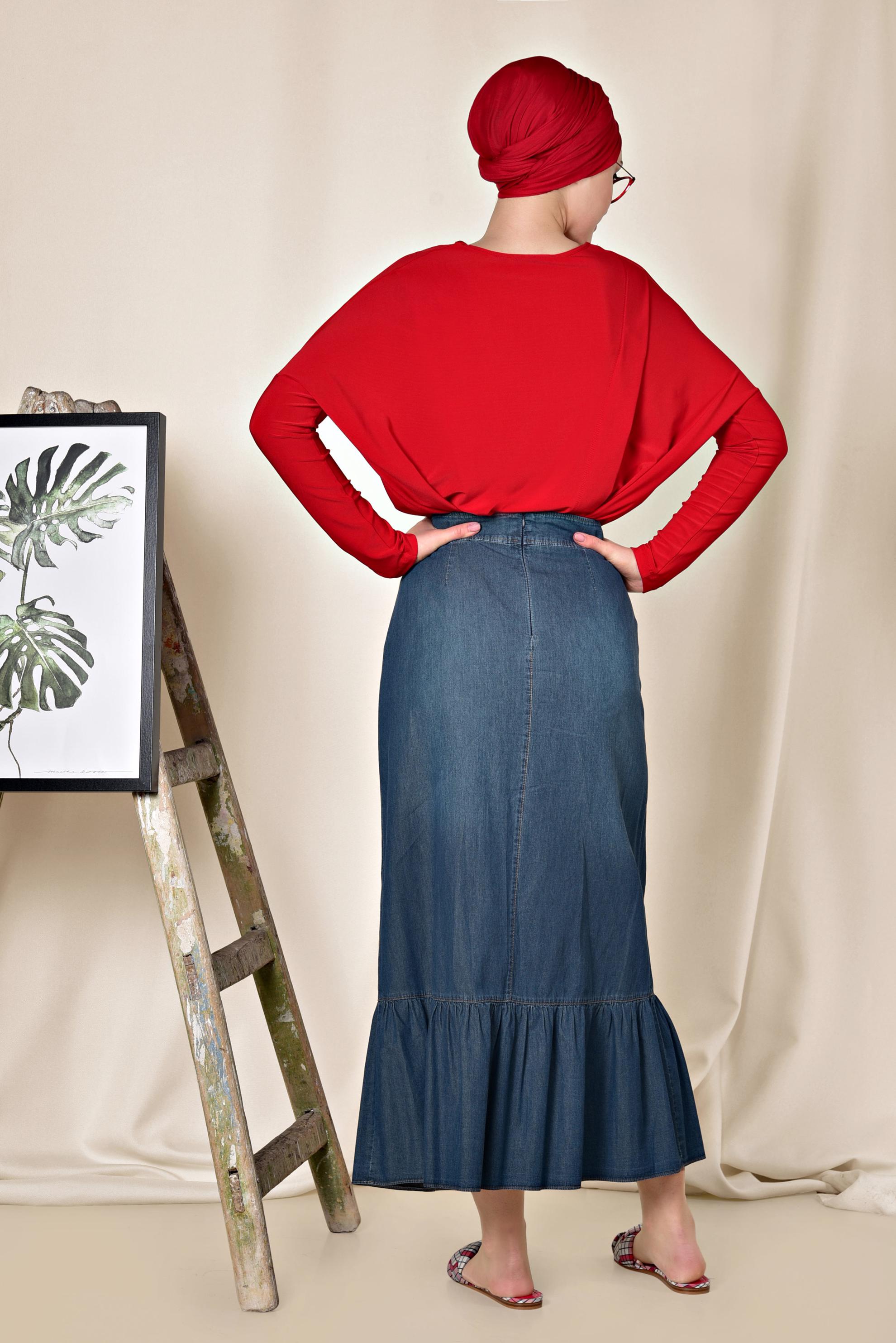 Tesettür giyim LACİVERT ETEK UCU FIRFIRLI ÖNDEN DÜĞME DETAYLI ETEK 6344