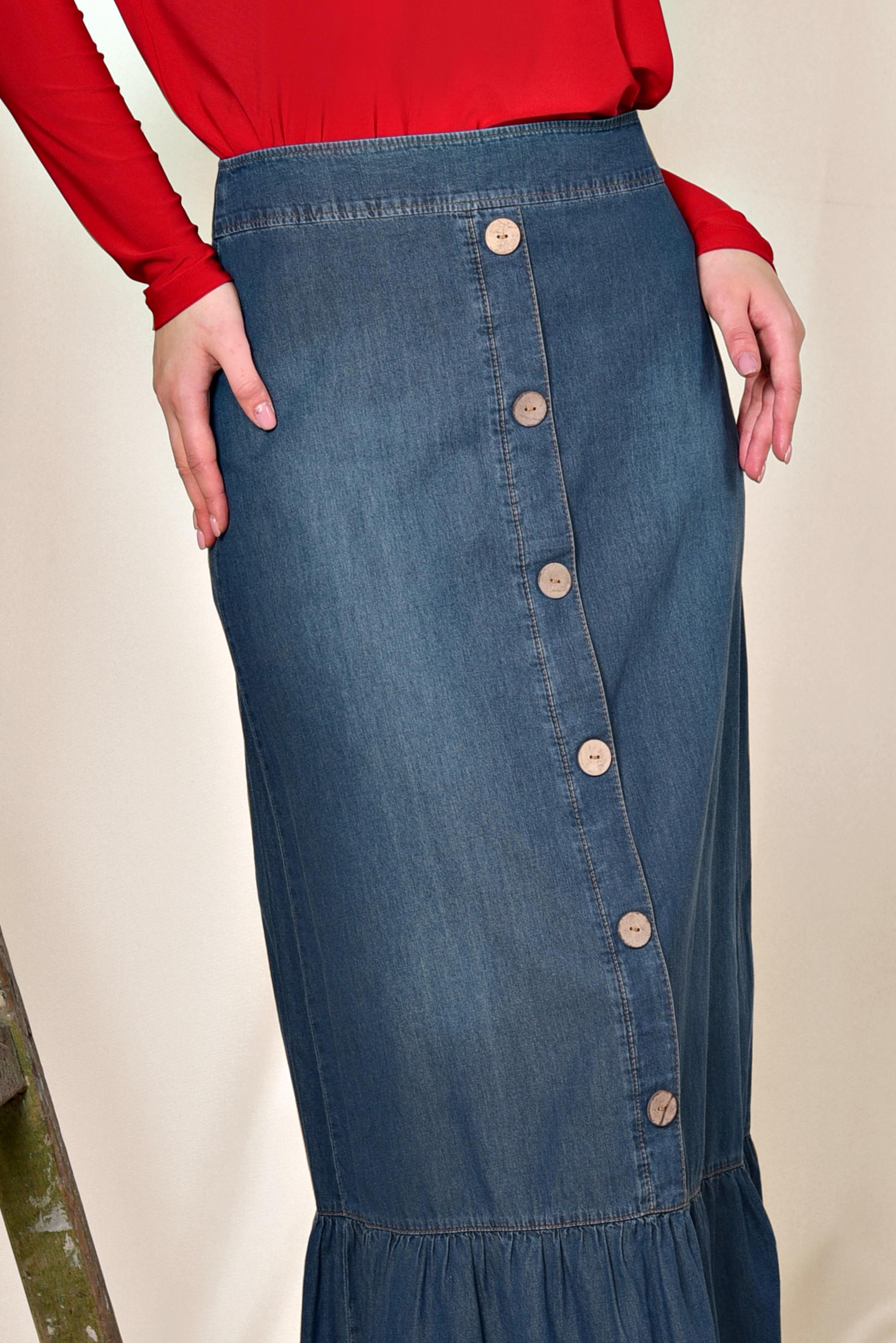 Tesettür giyim LACİVERT ETEK UCU FIRFIRLI ÖNDEN DÜĞME DETAYLI ETEK 6344