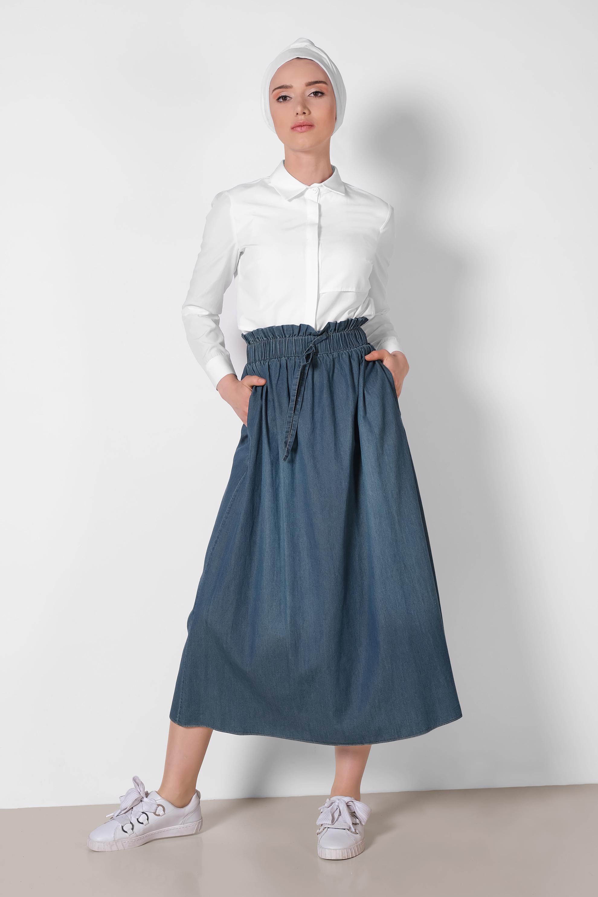 Tesettür giyim MAVİ BELİ LASTİKLİ ETEK 6346