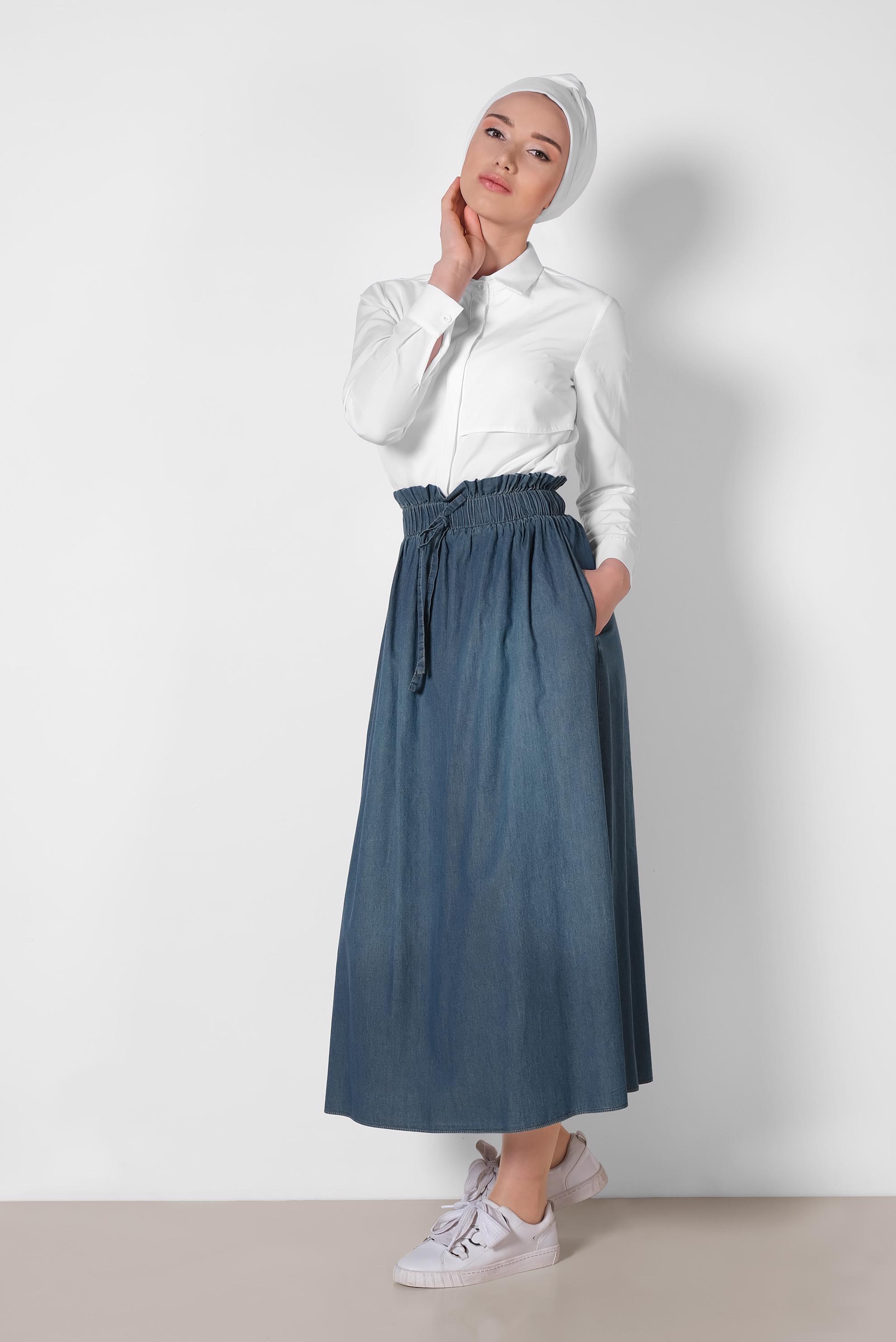 Tesettür giyim MAVİ BELİ LASTİKLİ ETEK 6346