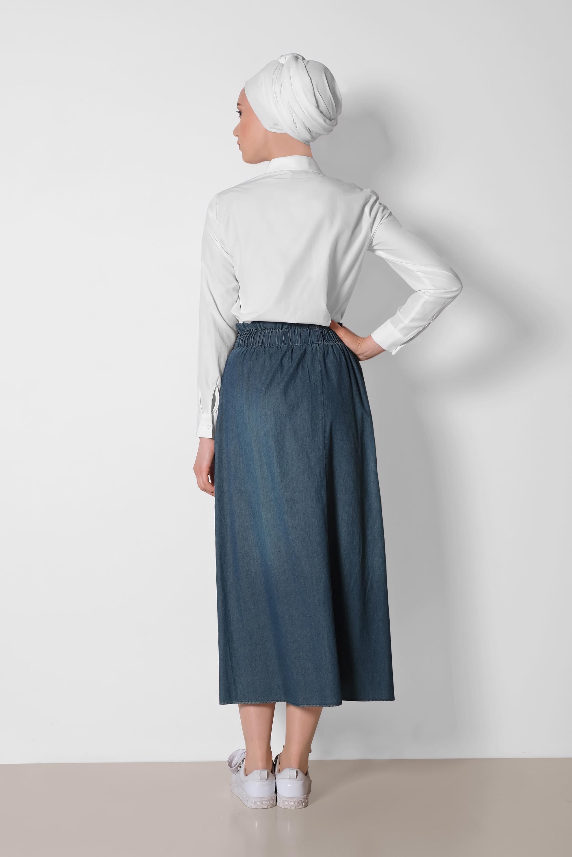 Tesettür giyim MAVİ BELİ LASTİKLİ ETEK 6346