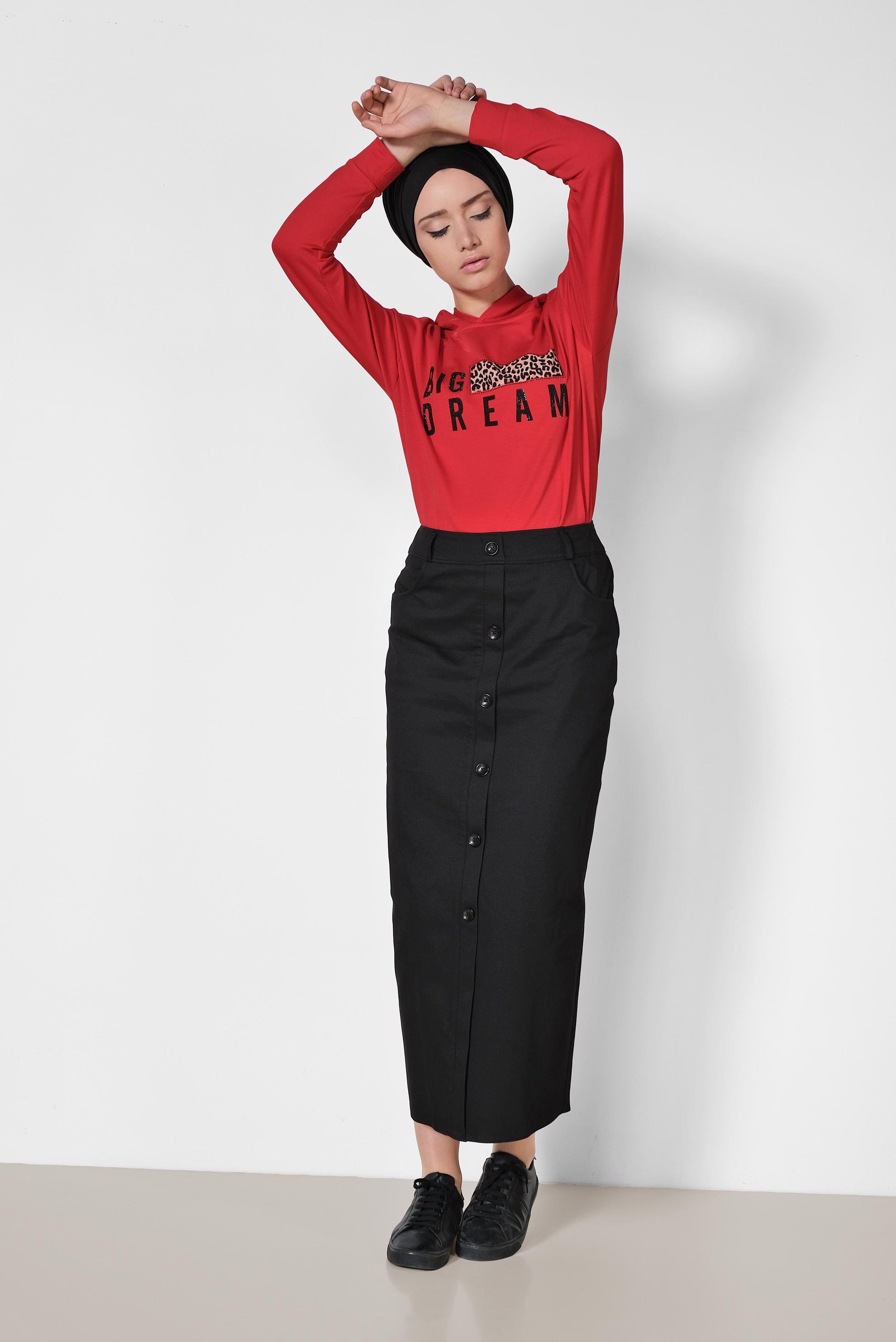 Tesettür giyim SİYAH ÖNDEN DÜĞMELİ ARA BEL ETEK 6354