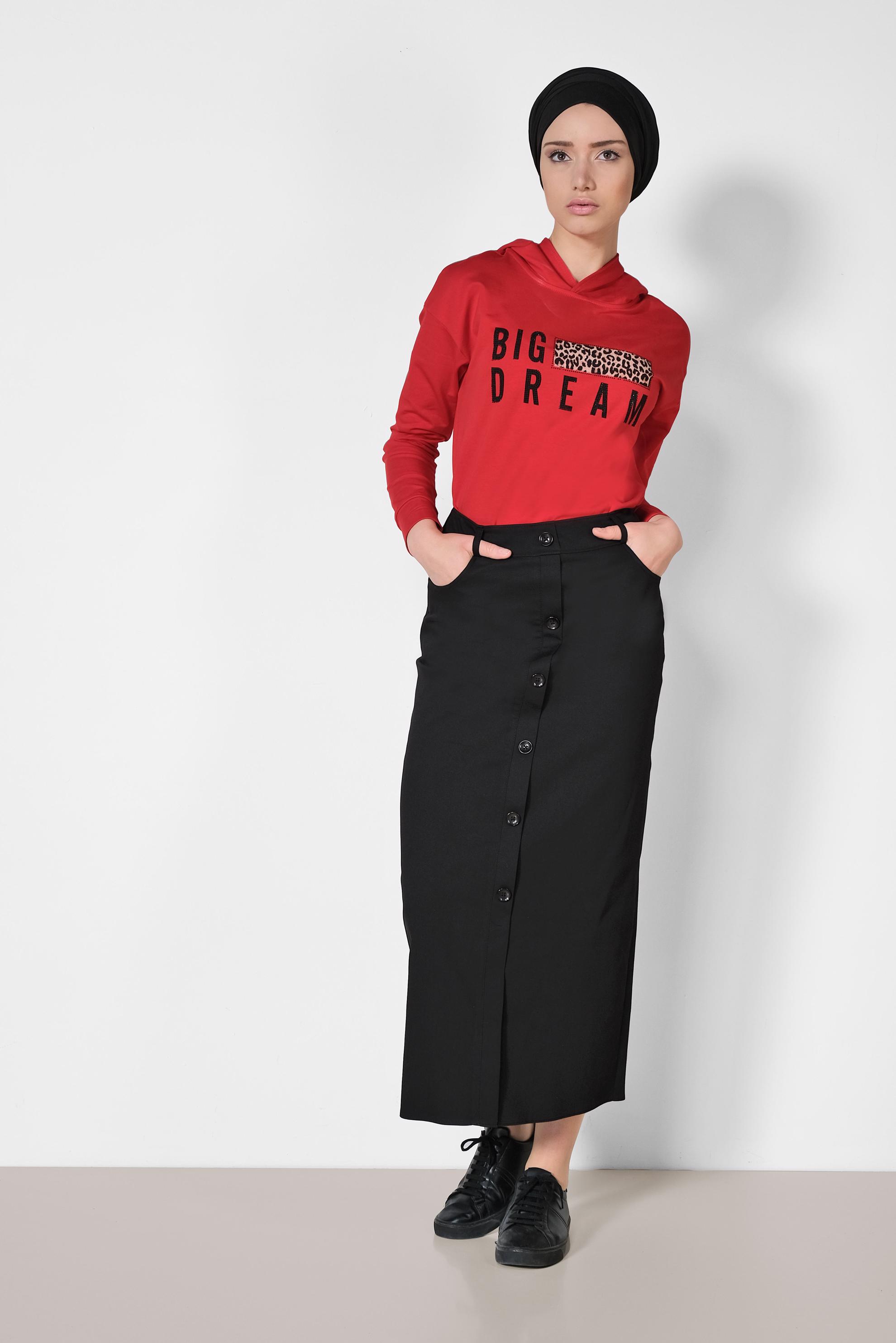 Tesettür giyim SİYAH ÖNDEN DÜĞMELİ ARA BEL ETEK 6354