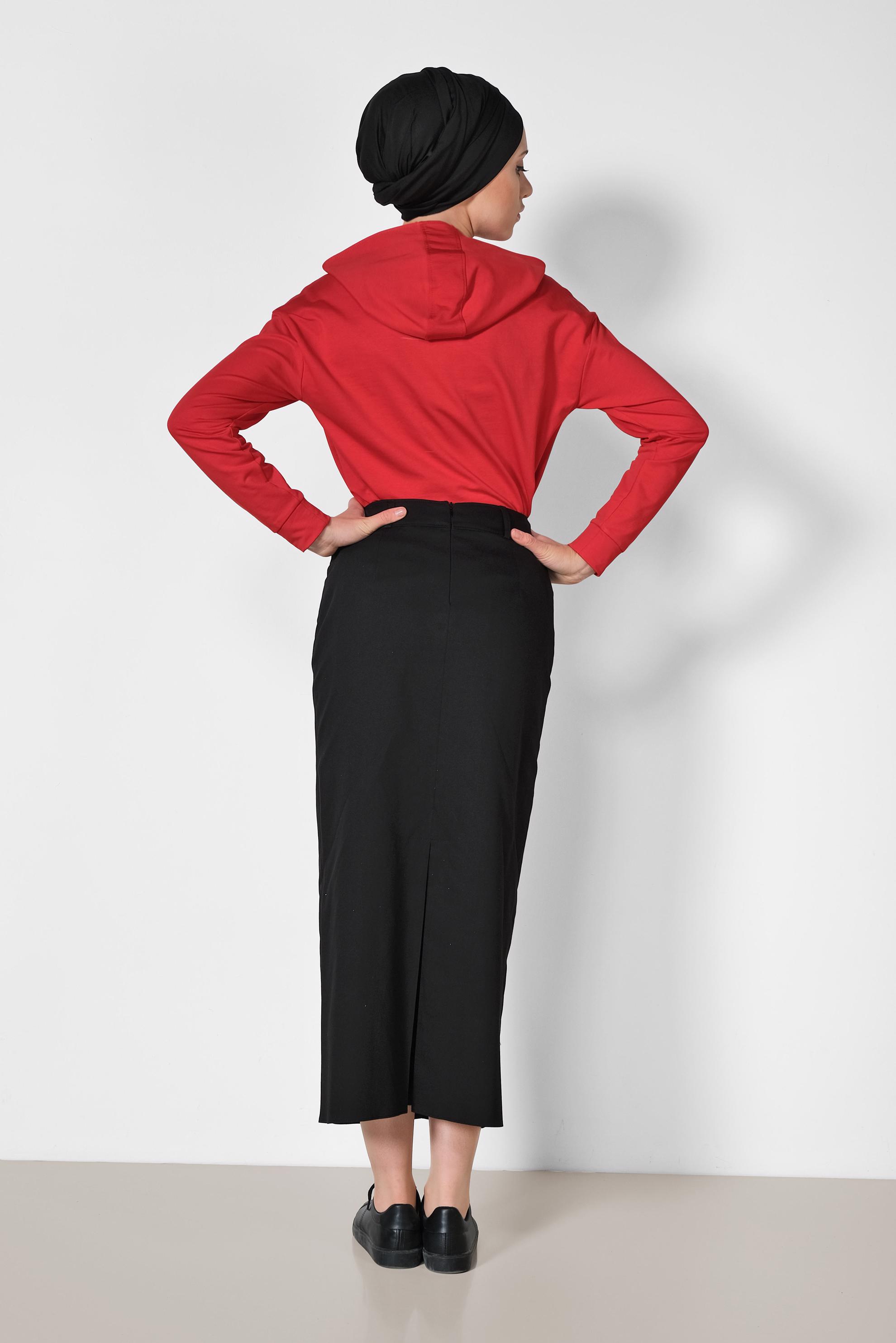 Tesettür giyim SİYAH ÖNDEN DÜĞMELİ ARA BEL ETEK 6354